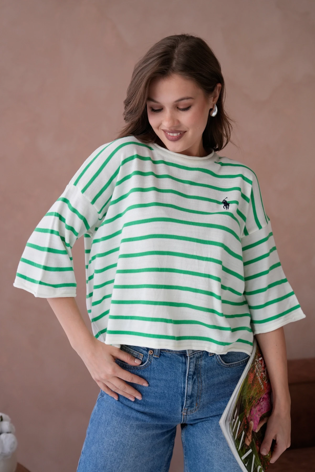 Kadın Bisiklet Yaka Kısa Kol Çizgili Triko Kazak 10076