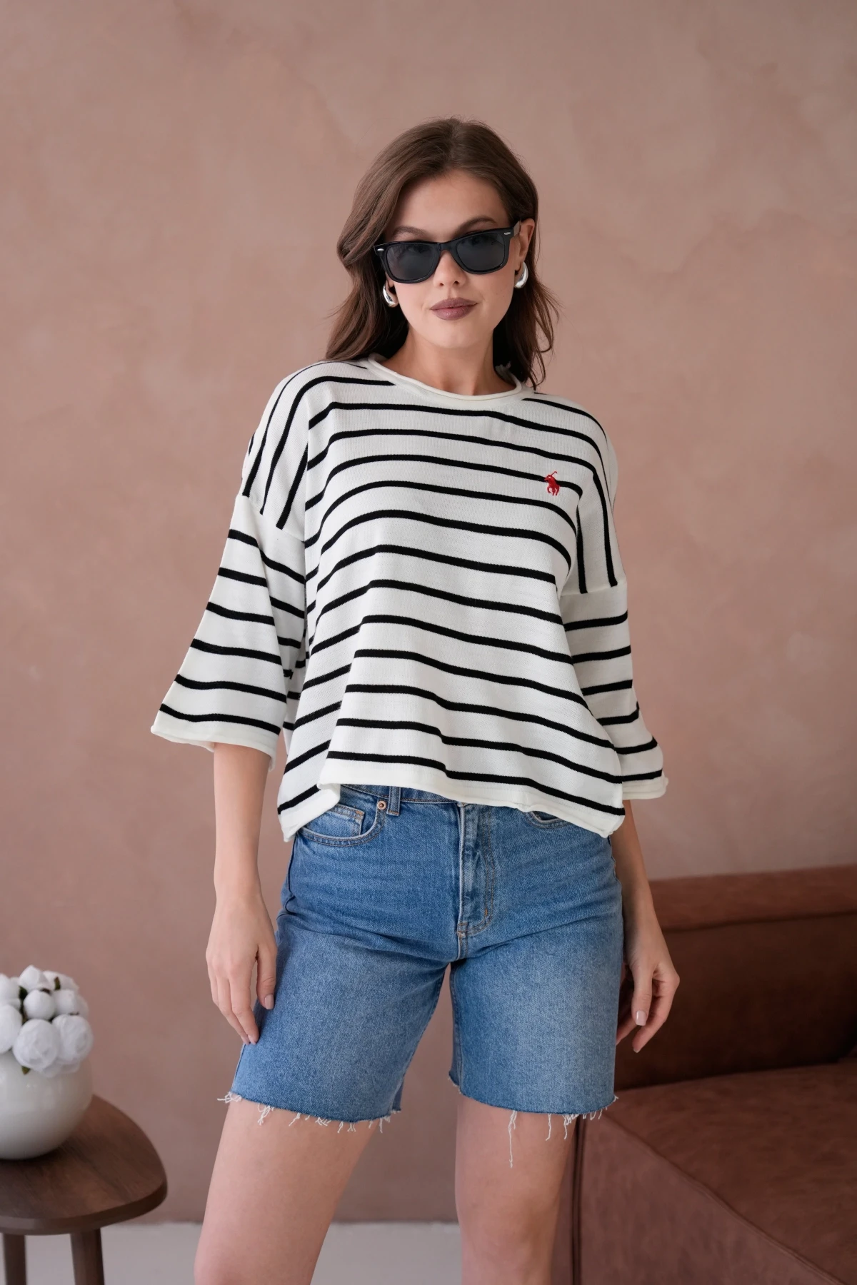 Kadın Bisiklet Yaka Kısa Kol Çizgili Triko Kazak 10076
