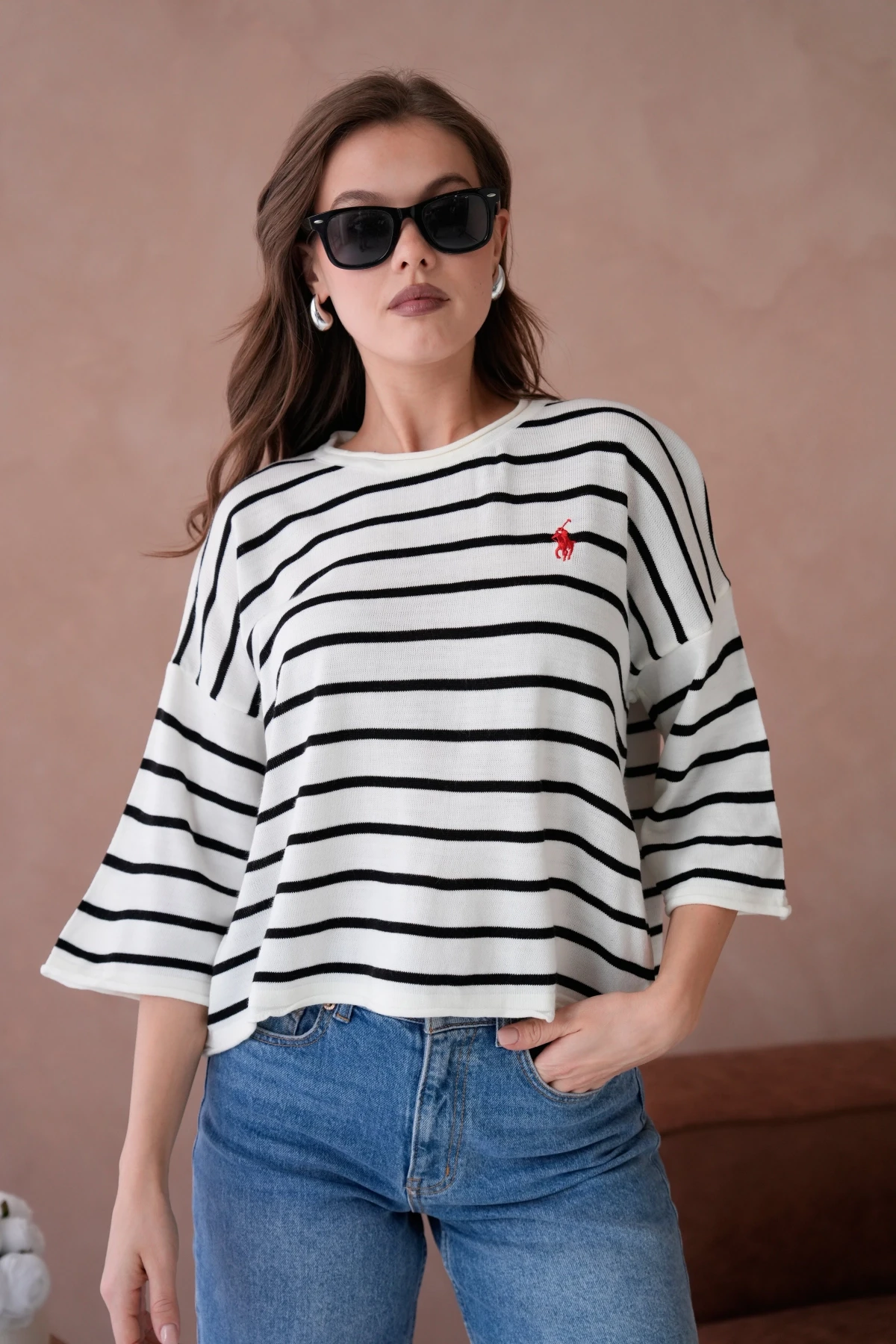 Kadın Bisiklet Yaka Kısa Kol Çizgili Triko Kazak 10076
