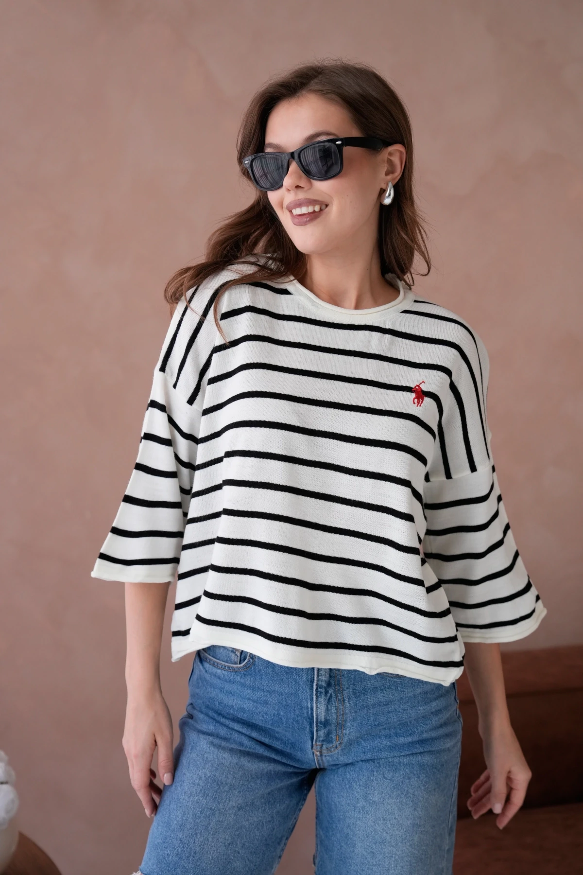 Kadın Bisiklet Yaka Kısa Kol Çizgili Triko Kazak 10076