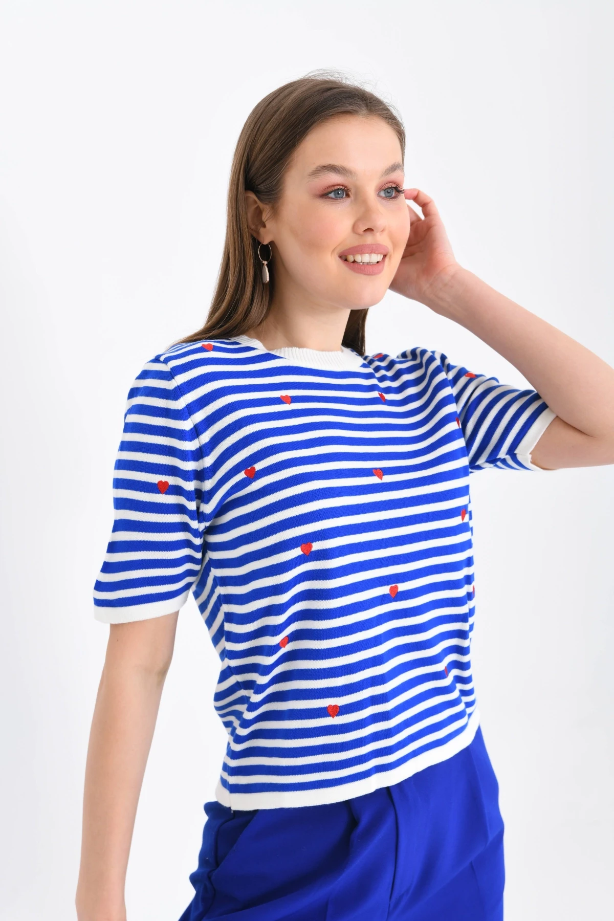 Kadın Bisiklet Yaka Kısa Kol Çizgili Triko Kazak 10082