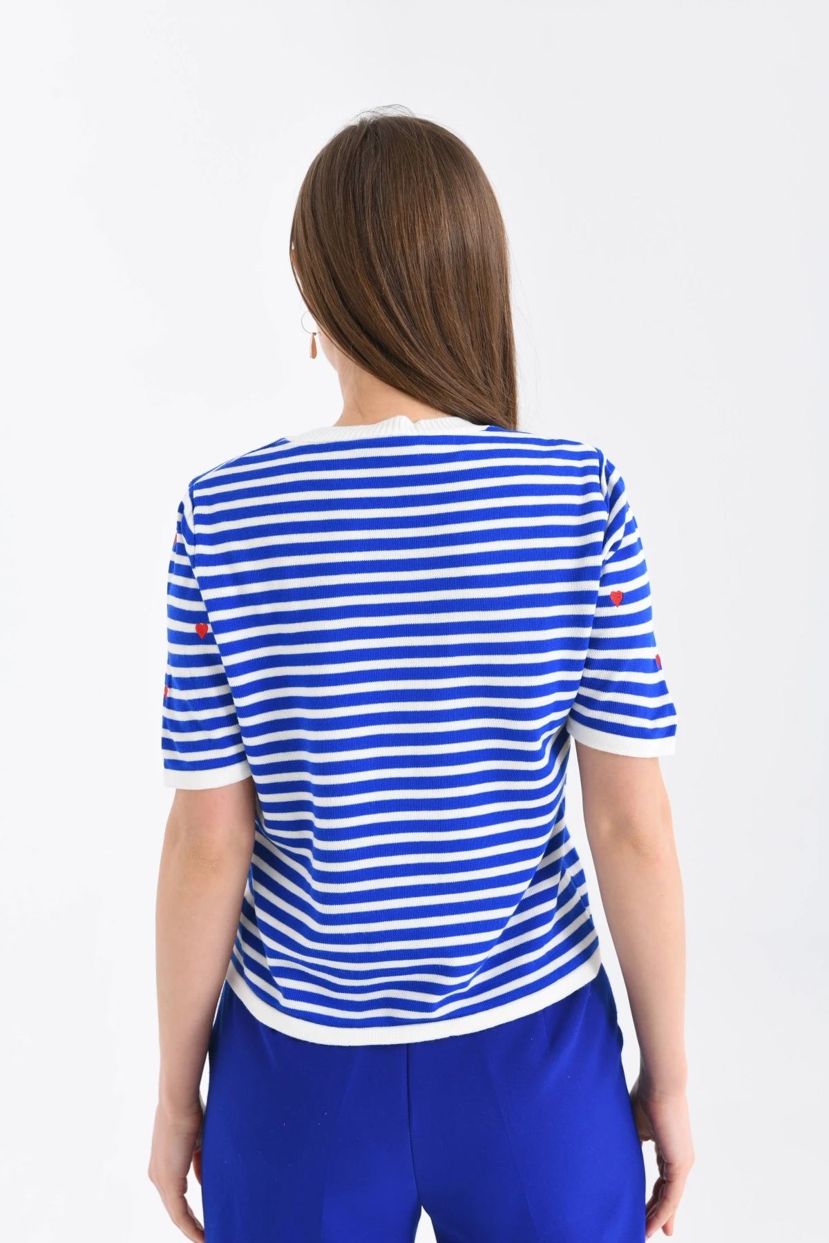 Kadın Bisiklet Yaka Kısa Kol Çizgili Triko Kazak 10082