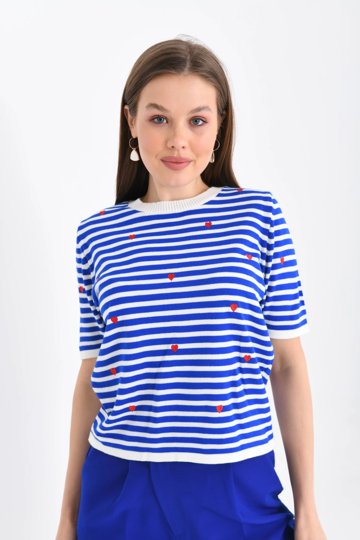 Kadın Bisiklet Yaka Kısa Kol Çizgili Triko Kazak 10082