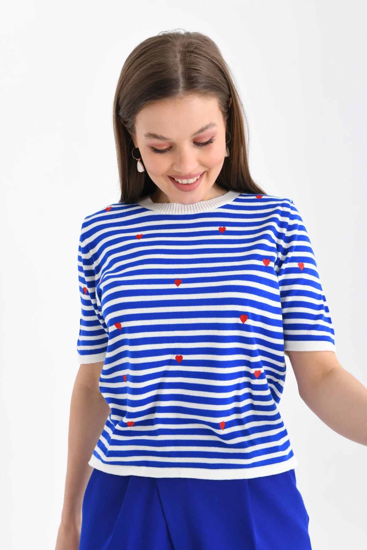 Kadın Bisiklet Yaka Kısa Kol Çizgili Triko Kazak 10082