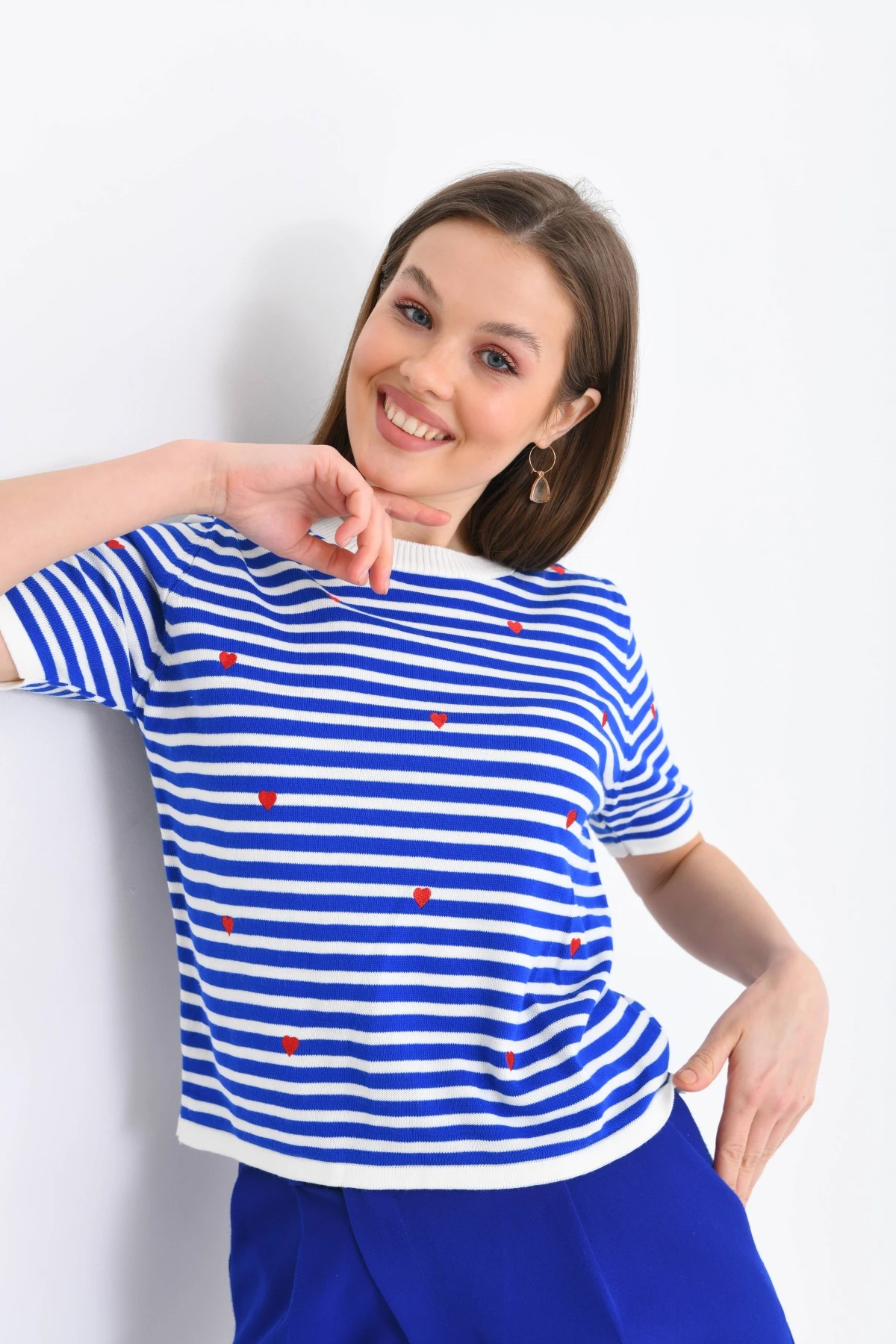 Kadın Bisiklet Yaka Kısa Kol Çizgili Triko Kazak 10082