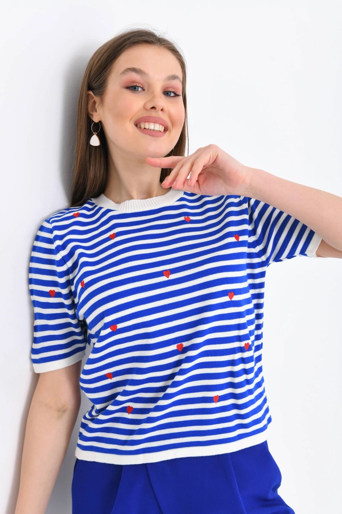 Kadın Bisiklet Yaka Kısa Kol Çizgili Triko Kazak 10082