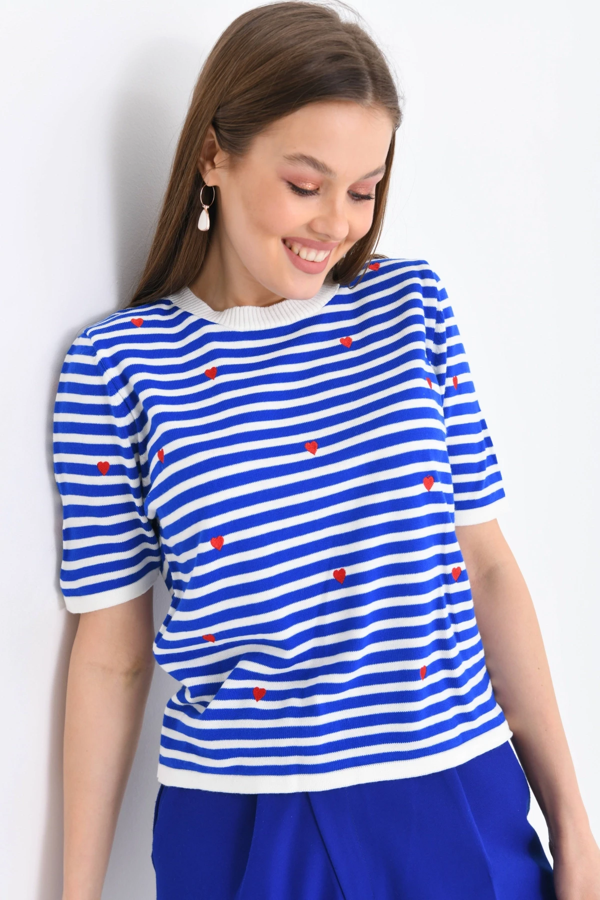 Kadın Bisiklet Yaka Kısa Kol Çizgili Triko Kazak 10082