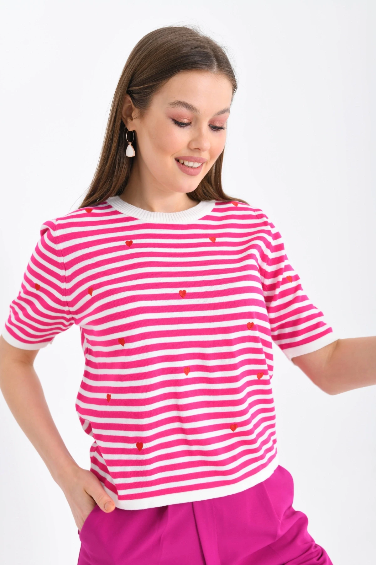 Kadın Bisiklet Yaka Kısa Kol Çizgili Triko Kazak 10082