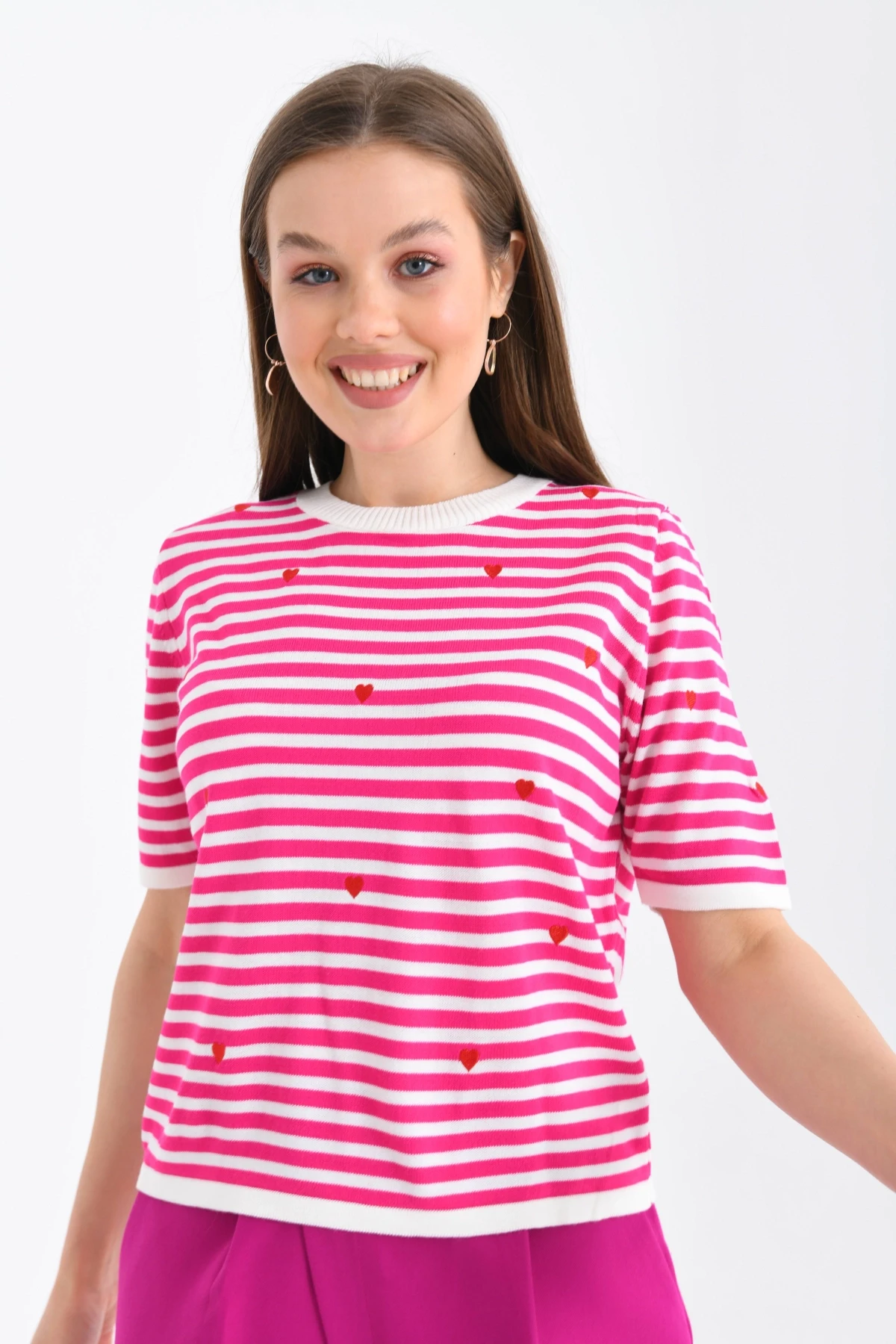 Kadın Bisiklet Yaka Kısa Kol Çizgili Triko Kazak 10082