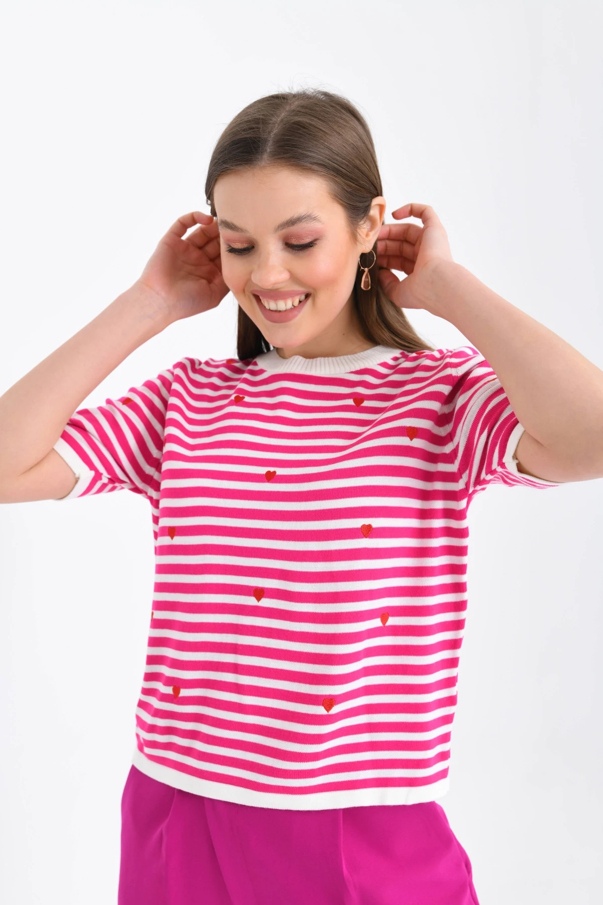 Kadın Bisiklet Yaka Kısa Kol Çizgili Triko Kazak 10082