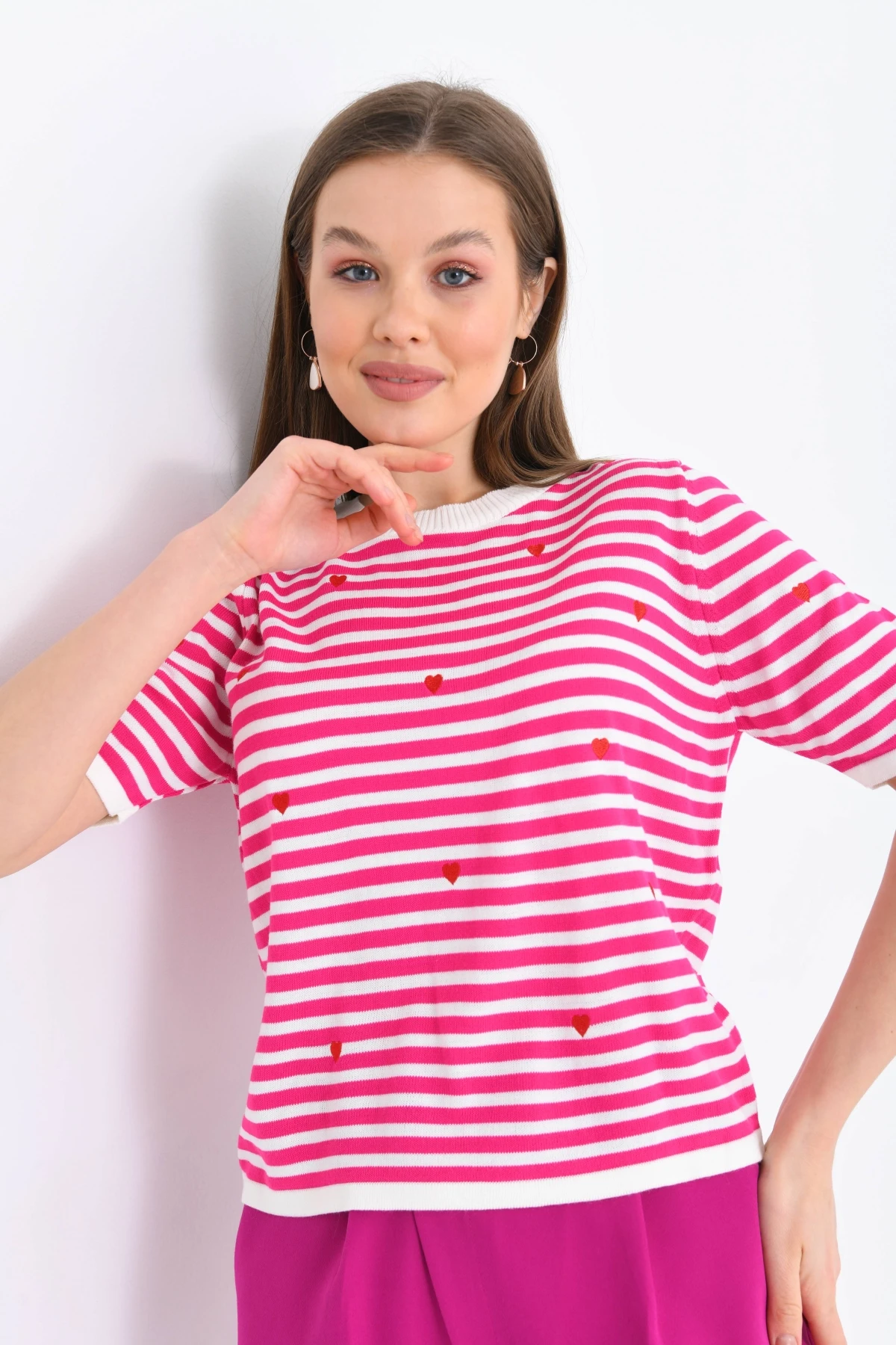 Kadın Bisiklet Yaka Kısa Kol Çizgili Triko Kazak 10082