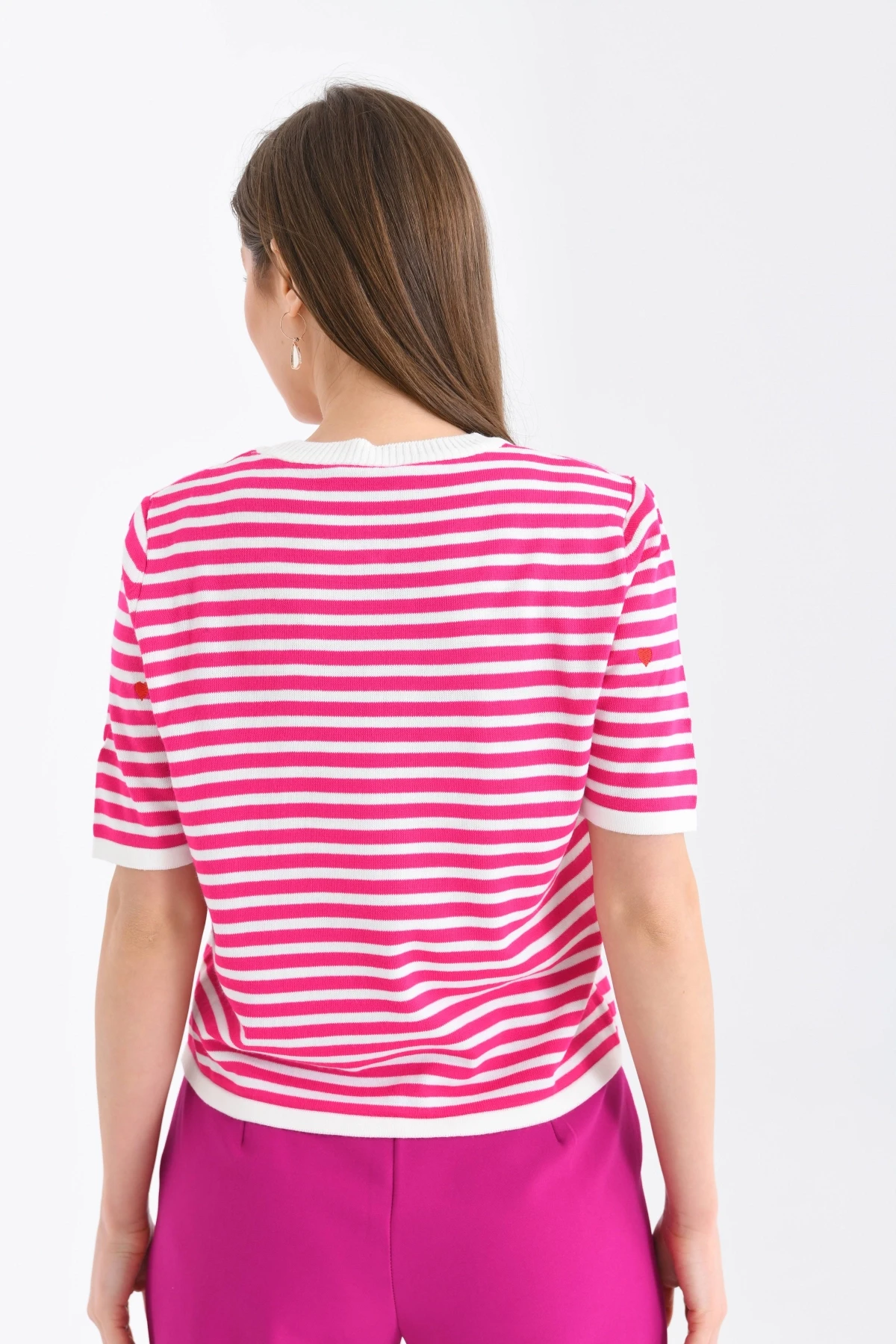 Kadın Bisiklet Yaka Kısa Kol Çizgili Triko Kazak 10082
