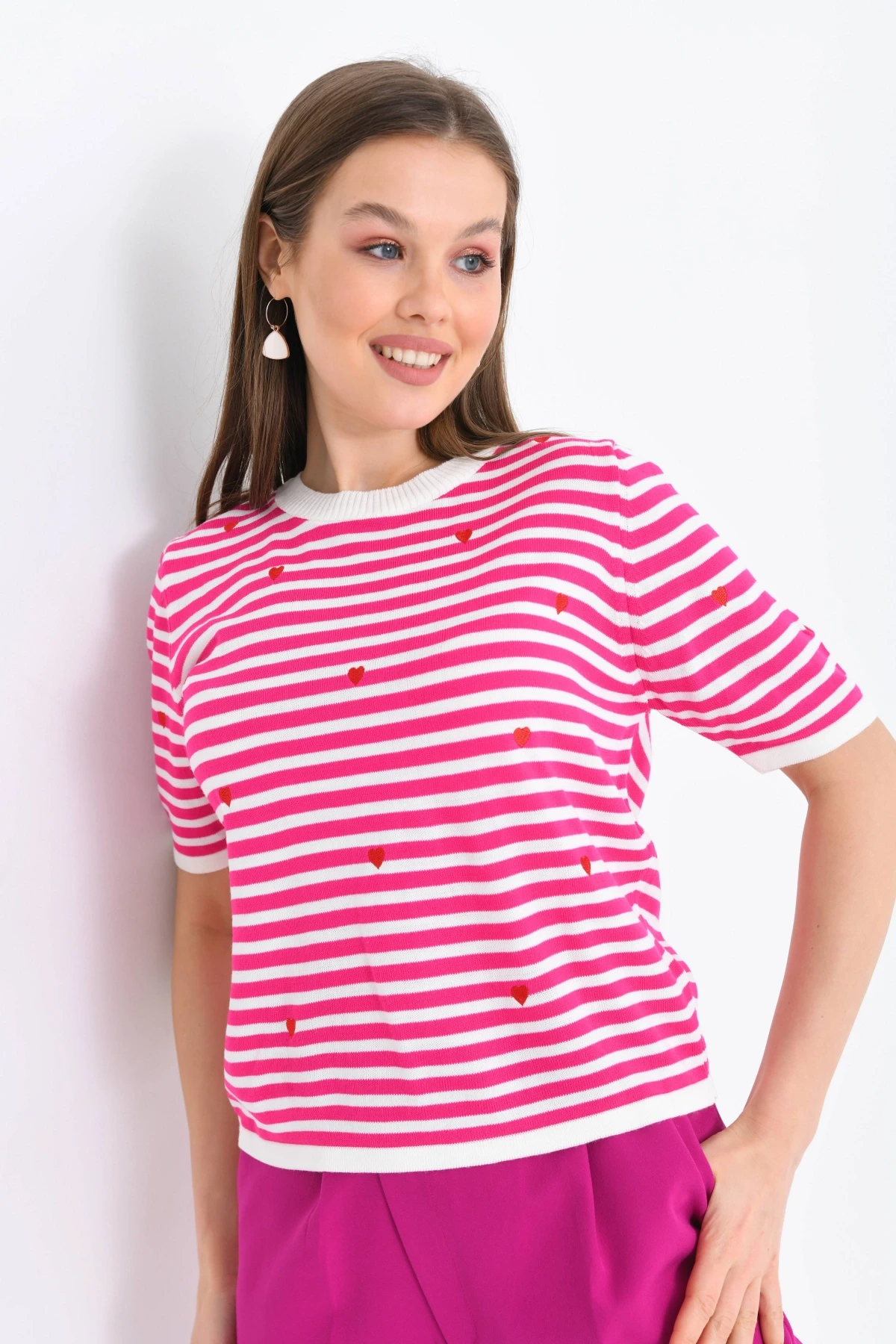 Kadın Bisiklet Yaka Kısa Kol Çizgili Triko Kazak 10082
