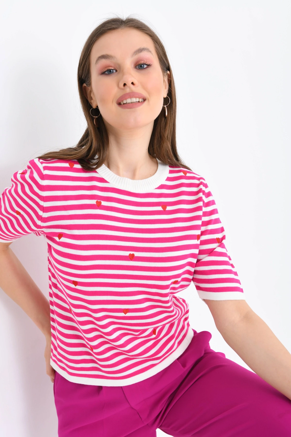 Kadın Bisiklet Yaka Kısa Kol Çizgili Triko Kazak 10082