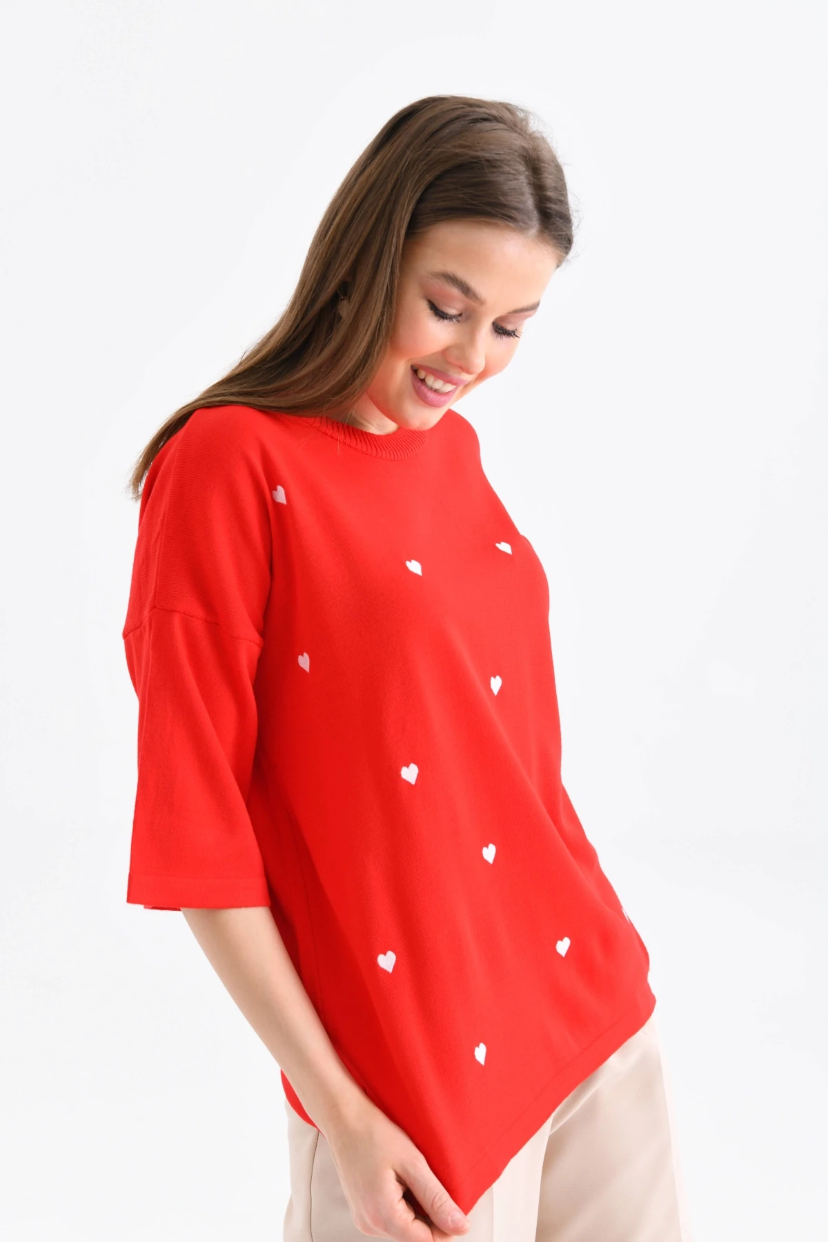 Kadın Bisiklet Yaka Kısa Kol Kalp Nakışlı Triko Kazak 10164