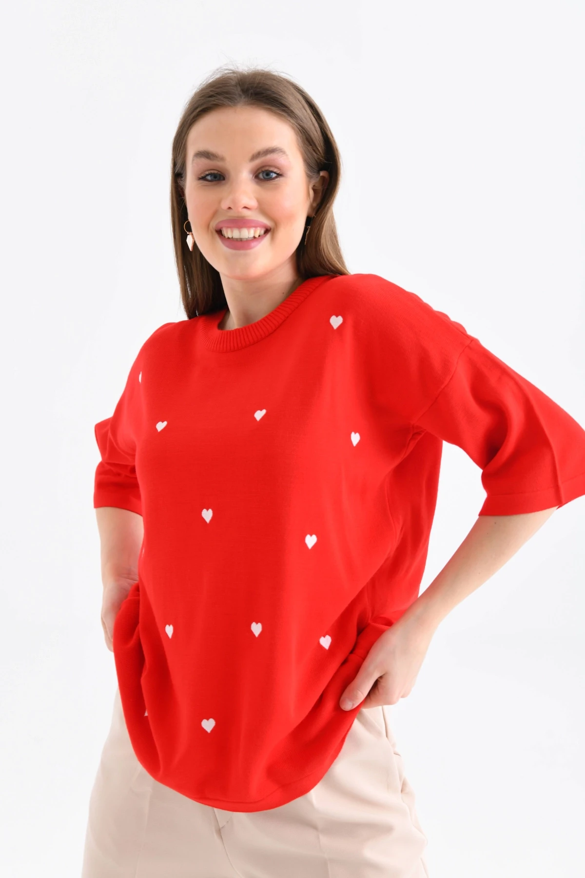 Kadın Bisiklet Yaka Kısa Kol Kalp Nakışlı Triko Kazak 10164