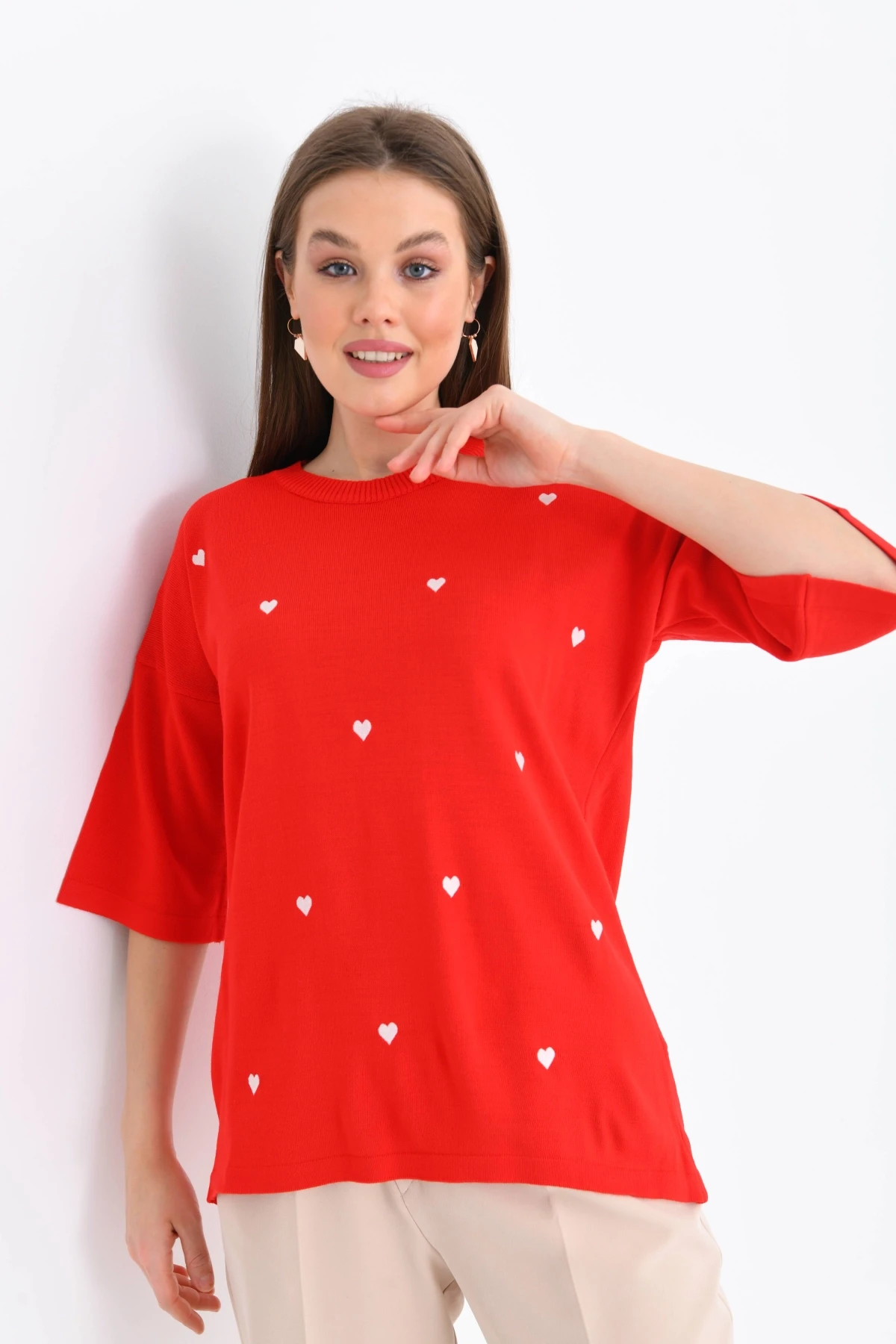 Kadın Bisiklet Yaka Kısa Kol Kalp Nakışlı Triko Kazak 10164