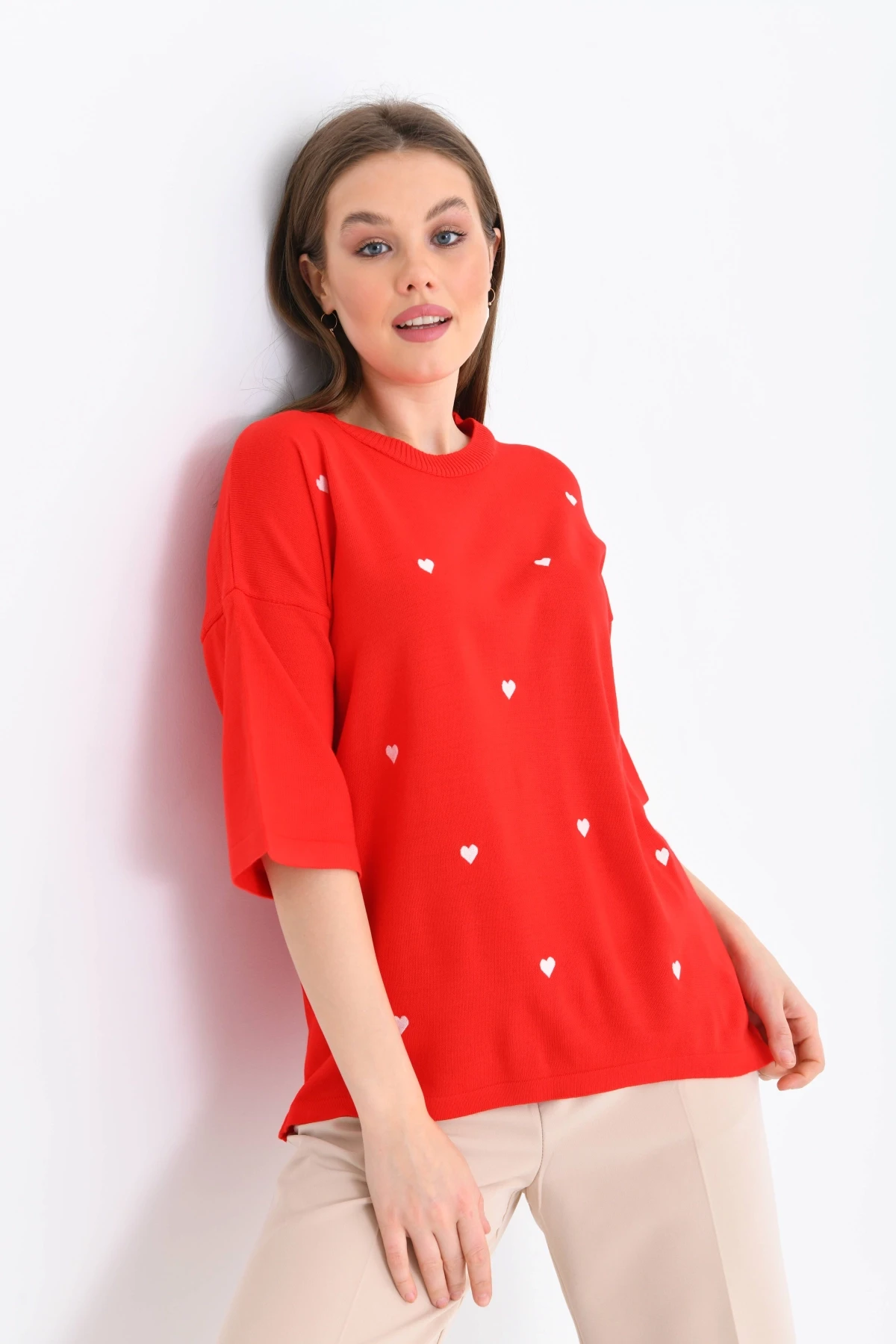 Kadın Bisiklet Yaka Kısa Kol Kalp Nakışlı Triko Kazak 10164