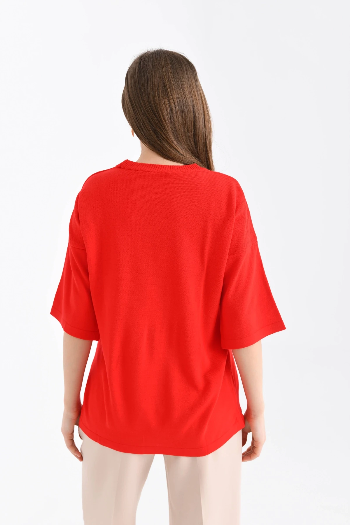 Kadın Bisiklet Yaka Kısa Kol Kalp Nakışlı Triko Kazak 10164