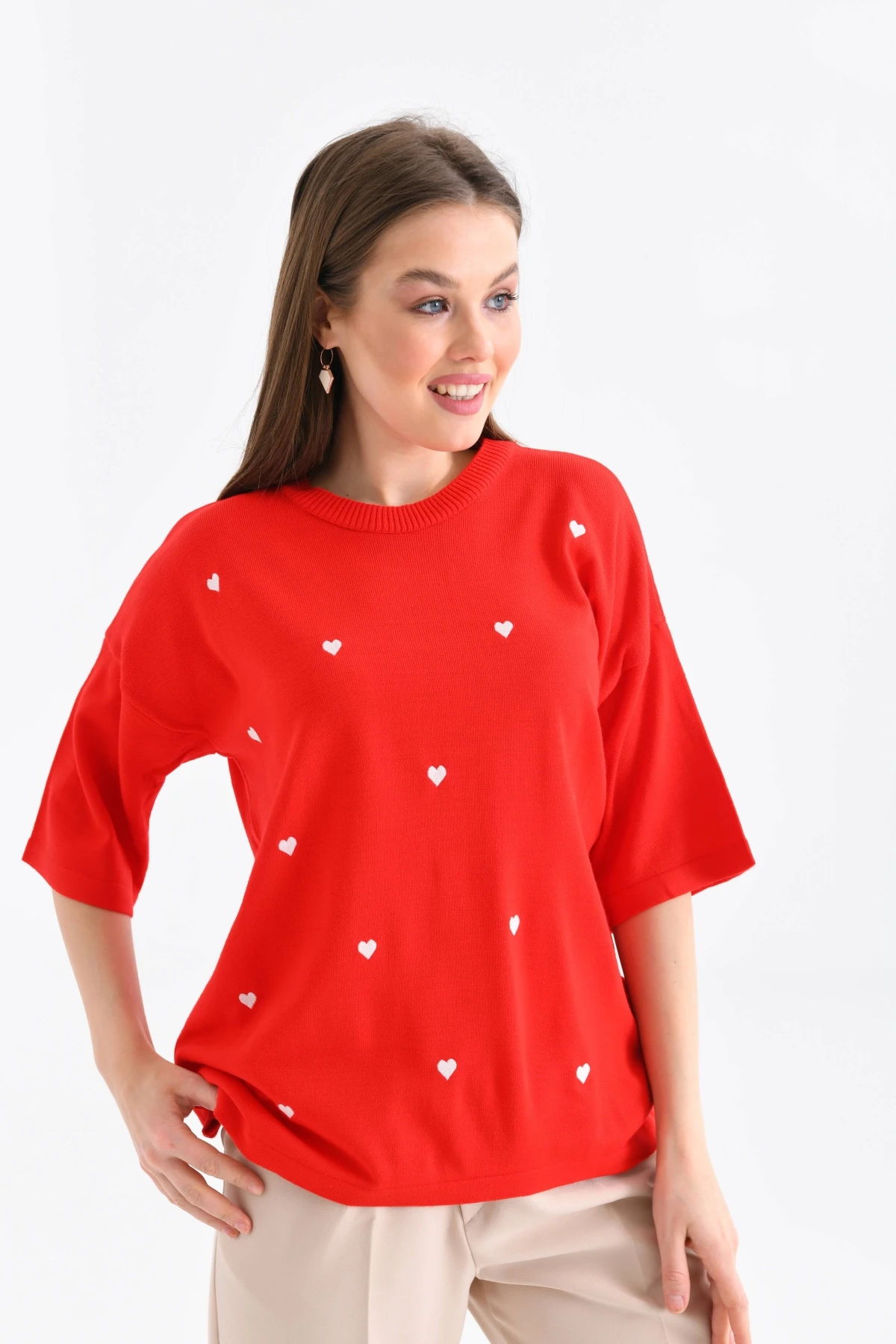 Kadın Bisiklet Yaka Kısa Kol Kalp Nakışlı Triko Kazak 10164