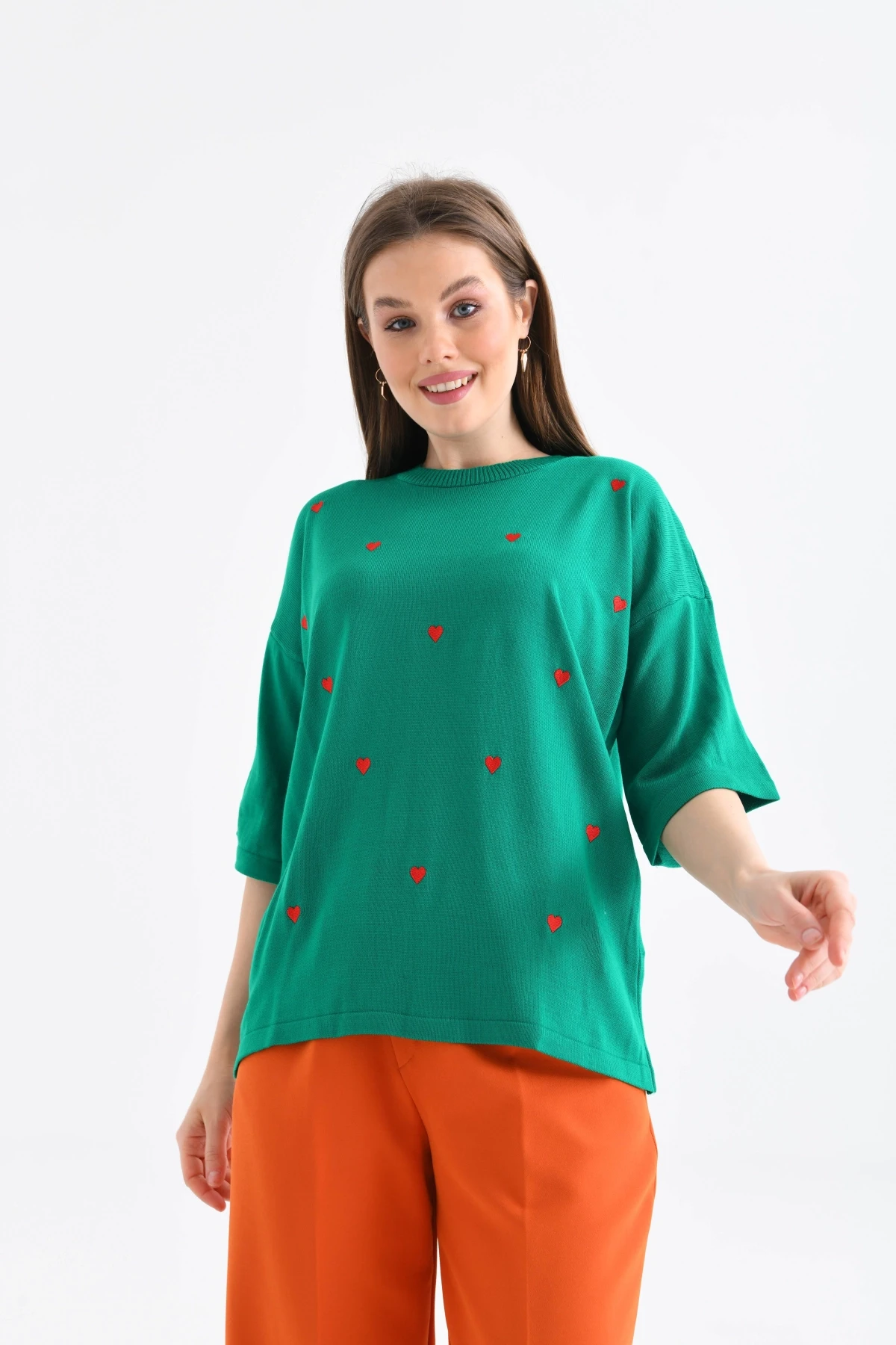 Kadın Bisiklet Yaka Kısa Kol Kalp Nakışlı Triko Kazak 10164