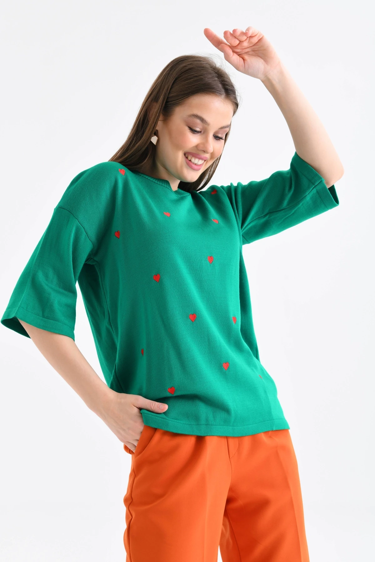 Kadın Bisiklet Yaka Kısa Kol Kalp Nakışlı Triko Kazak 10164