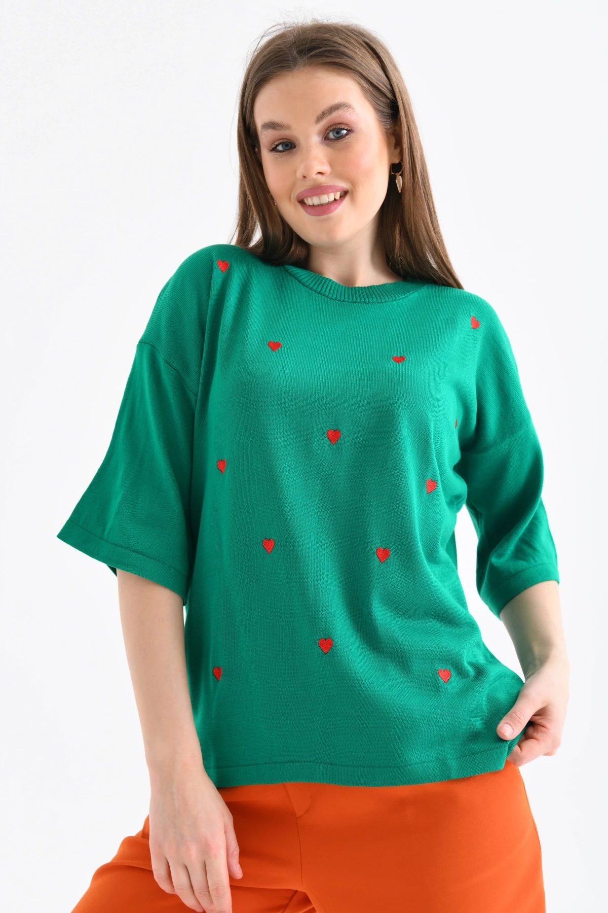 Kadın Bisiklet Yaka Kısa Kol Kalp Nakışlı Triko Kazak 10164