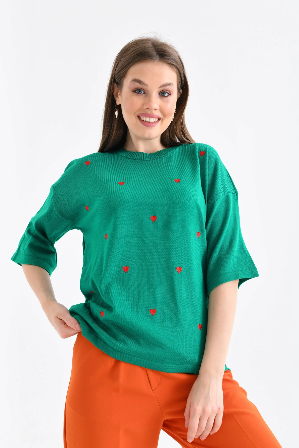 Kadın Bisiklet Yaka Kısa Kol Kalp Nakışlı Triko Kazak 10164