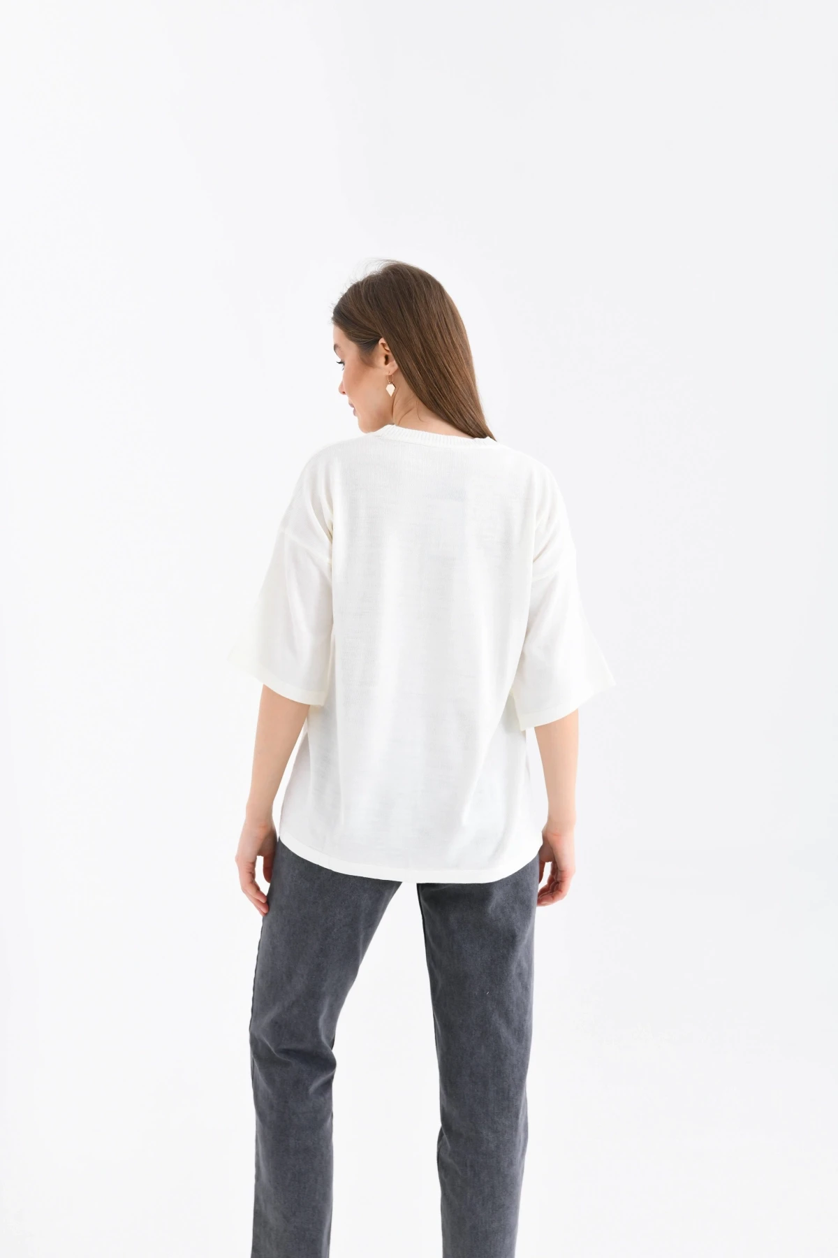 Kadın Bisiklet Yaka Kısa Kol Kalp Nakışlı Triko Kazak 10164