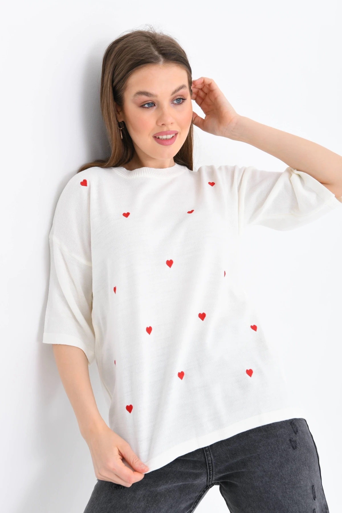 Kadın Bisiklet Yaka Kısa Kol Kalp Nakışlı Triko Kazak 10164