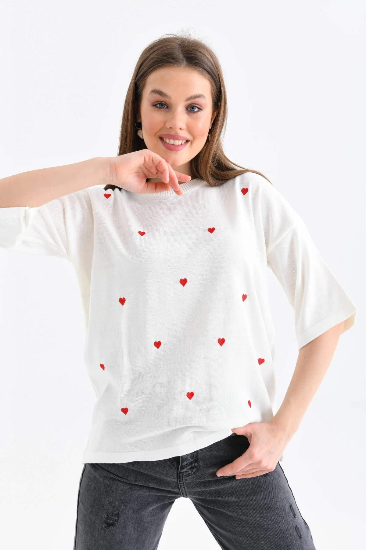 Kadın Bisiklet Yaka Kısa Kol Kalp Nakışlı Triko Kazak 10164