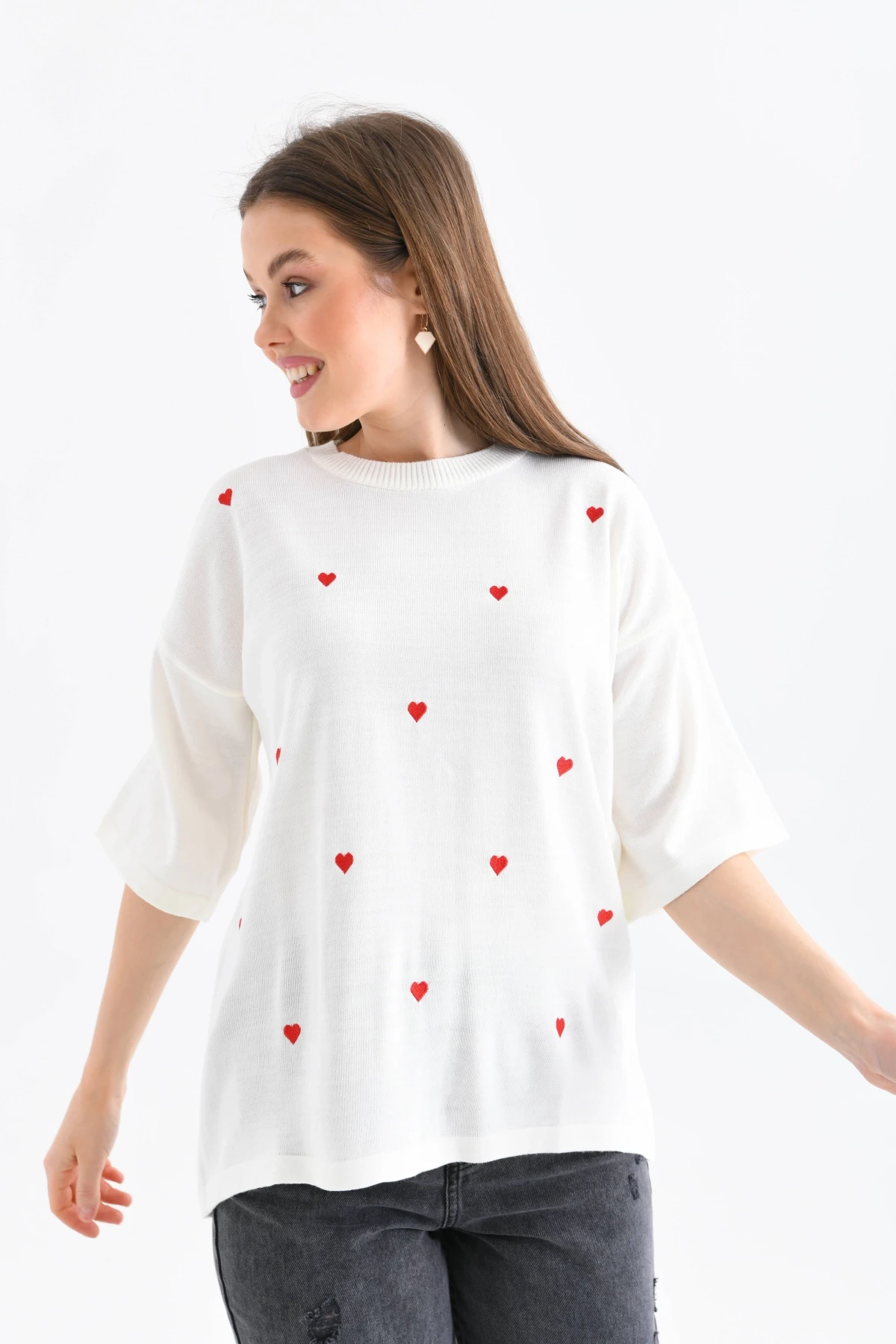 Kadın Bisiklet Yaka Kısa Kol Kalp Nakışlı Triko Kazak 10164