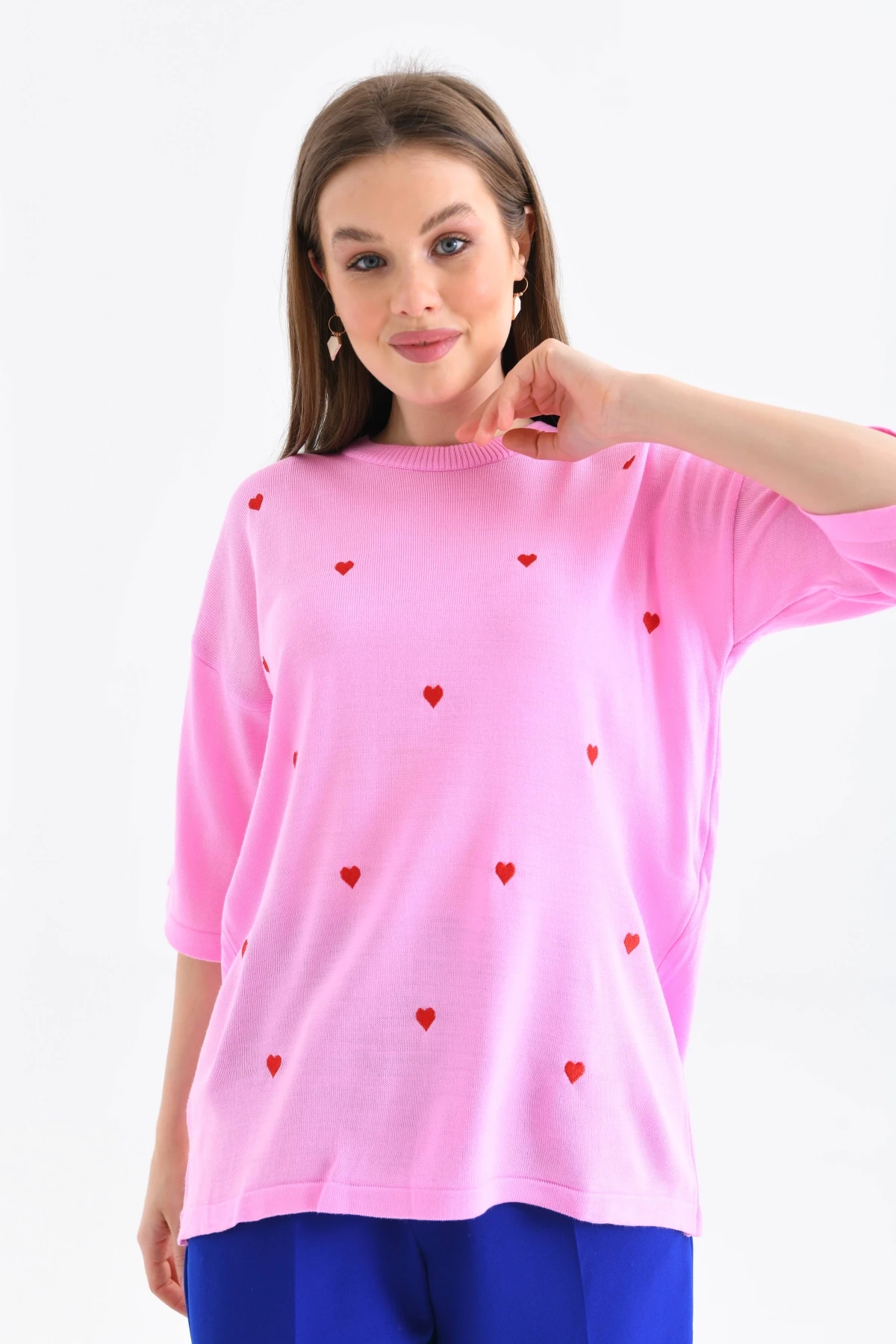 Kadın Bisiklet Yaka Kısa Kol Kalp Nakışlı Triko Kazak 10164