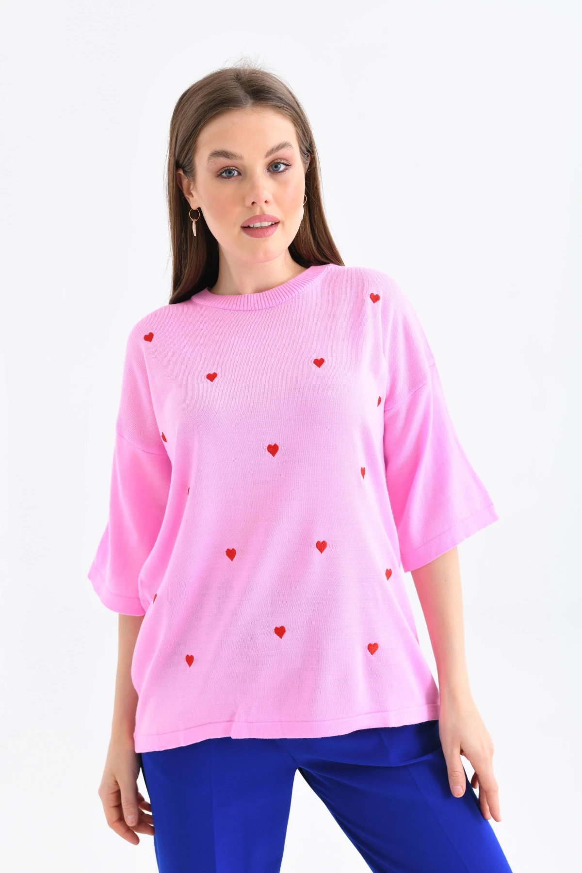 Kadın Bisiklet Yaka Kısa Kol Kalp Nakışlı Triko Kazak 10164