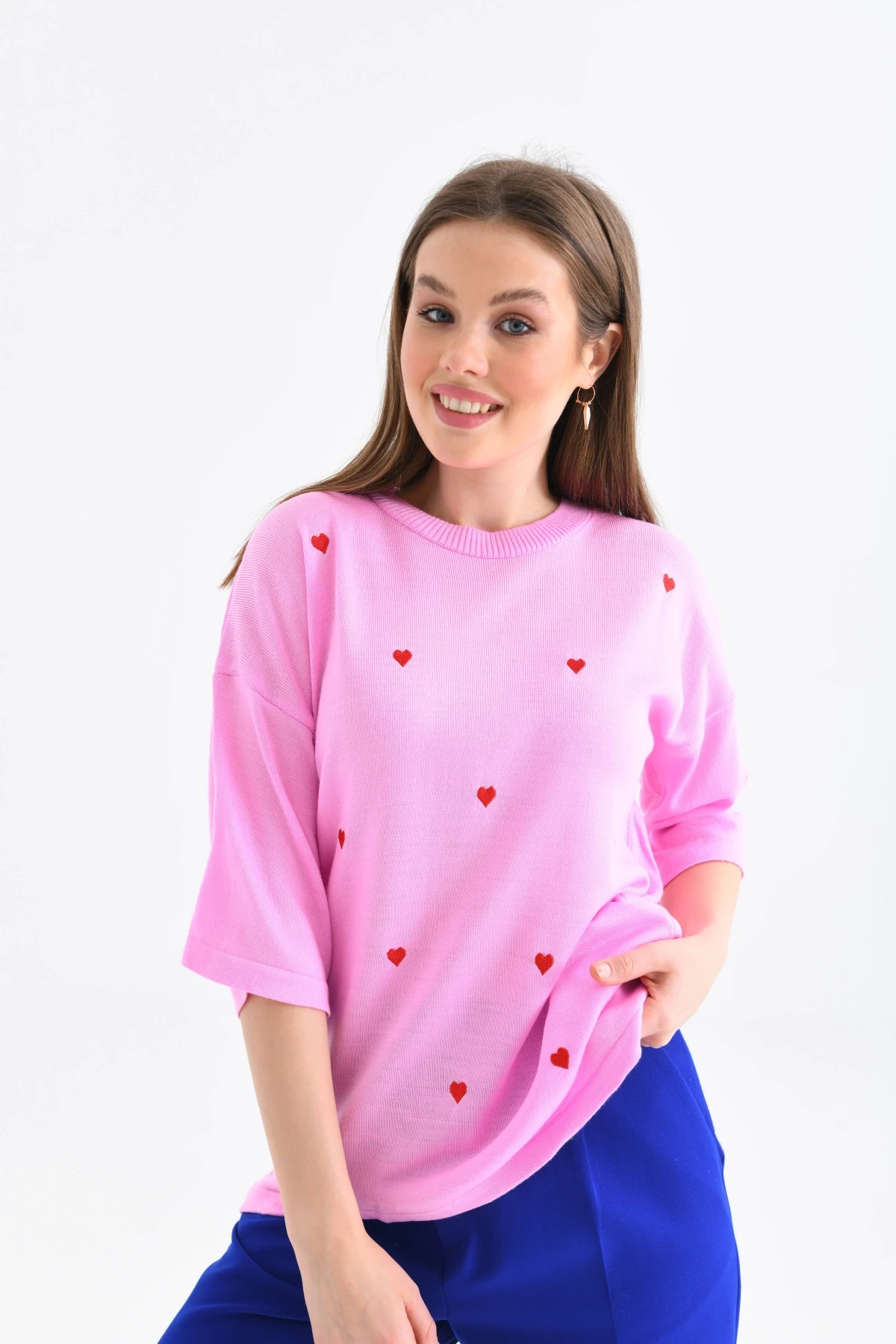 Kadın Bisiklet Yaka Kısa Kol Kalp Nakışlı Triko Kazak 10164