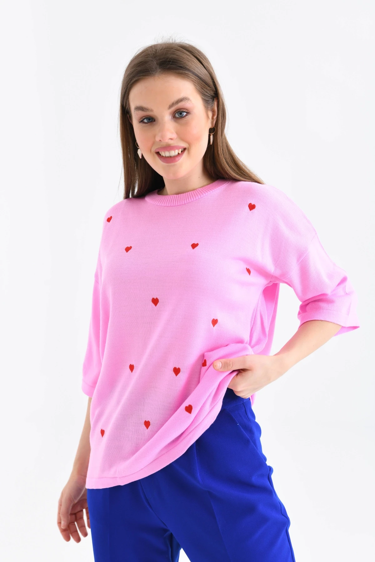 Kadın Bisiklet Yaka Kısa Kol Kalp Nakışlı Triko Kazak 10164