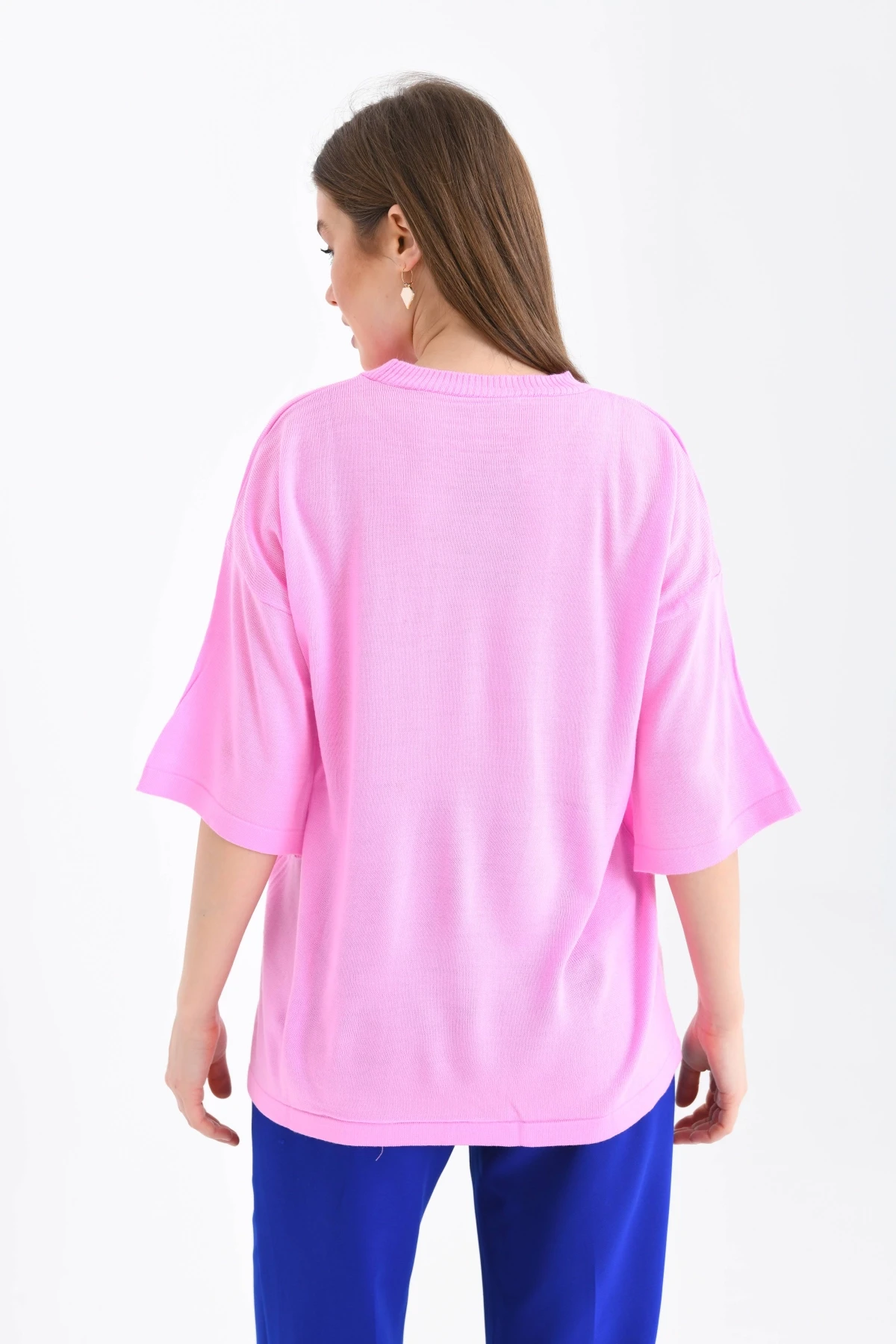 Kadın Bisiklet Yaka Kısa Kol Kalp Nakışlı Triko Kazak 10164