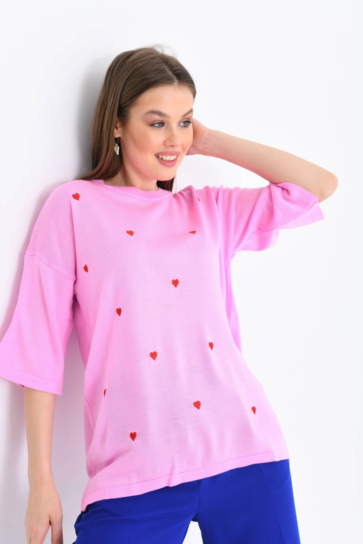 Kadın Bisiklet Yaka Kısa Kol Kalp Nakışlı Triko Kazak 10164