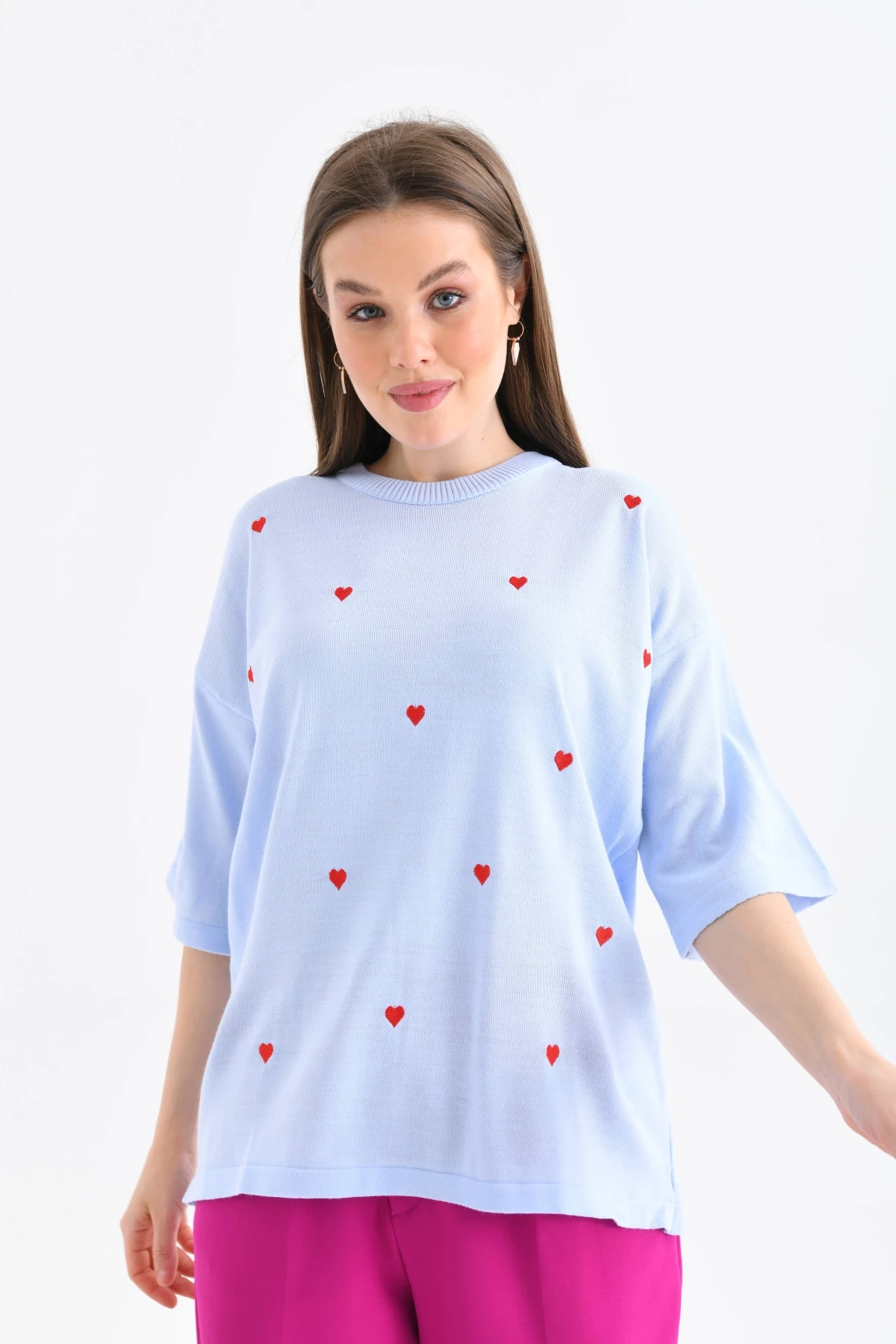 Kadın Bisiklet Yaka Kısa Kol Kalp Nakışlı Triko Kazak 10164