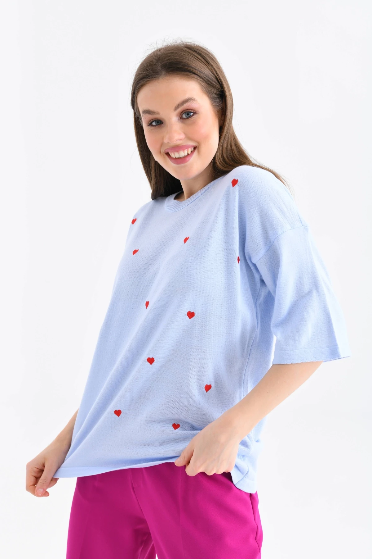 Kadın Bisiklet Yaka Kısa Kol Kalp Nakışlı Triko Kazak 10164