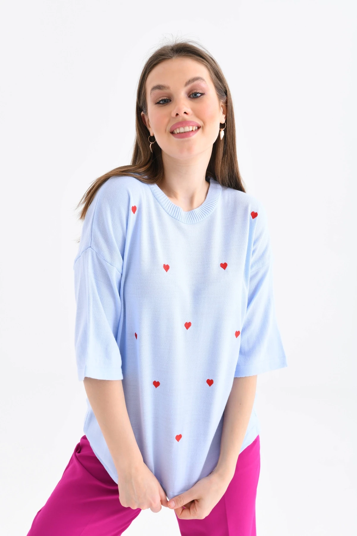 Kadın Bisiklet Yaka Kısa Kol Kalp Nakışlı Triko Kazak 10164