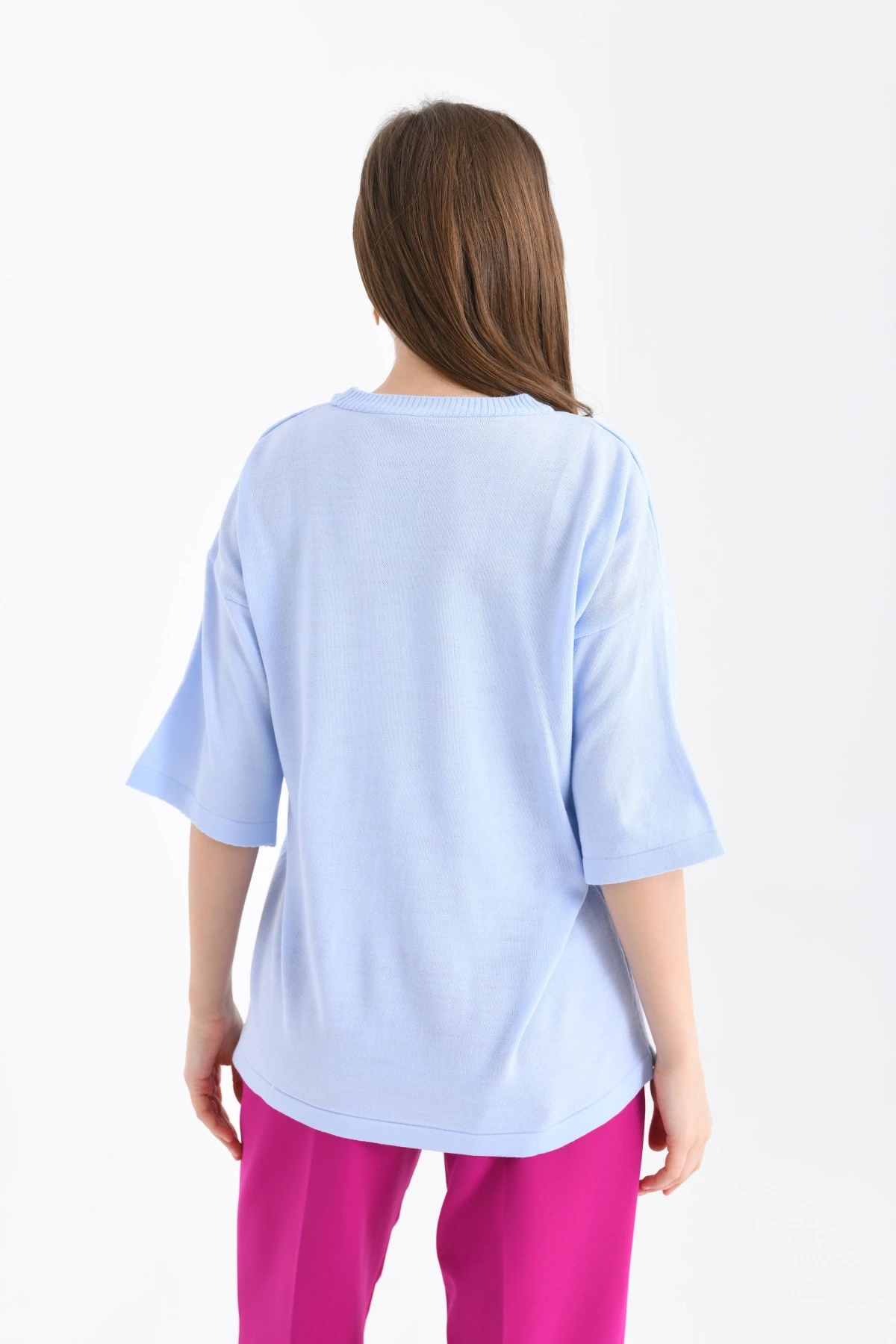 Kadın Bisiklet Yaka Kısa Kol Kalp Nakışlı Triko Kazak 10164