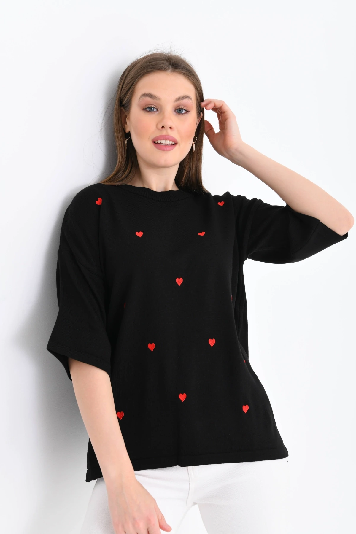 Kadın Bisiklet Yaka Kısa Kol Kalp Nakışlı Triko Kazak 10164