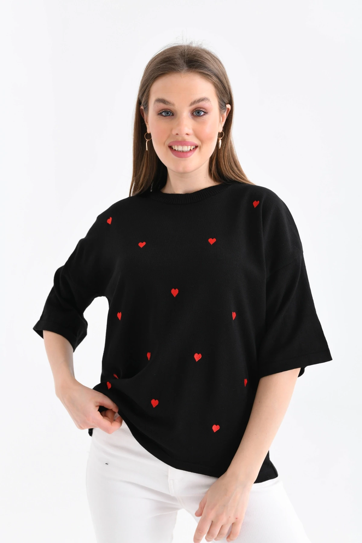 Kadın Bisiklet Yaka Kısa Kol Kalp Nakışlı Triko Kazak 10164