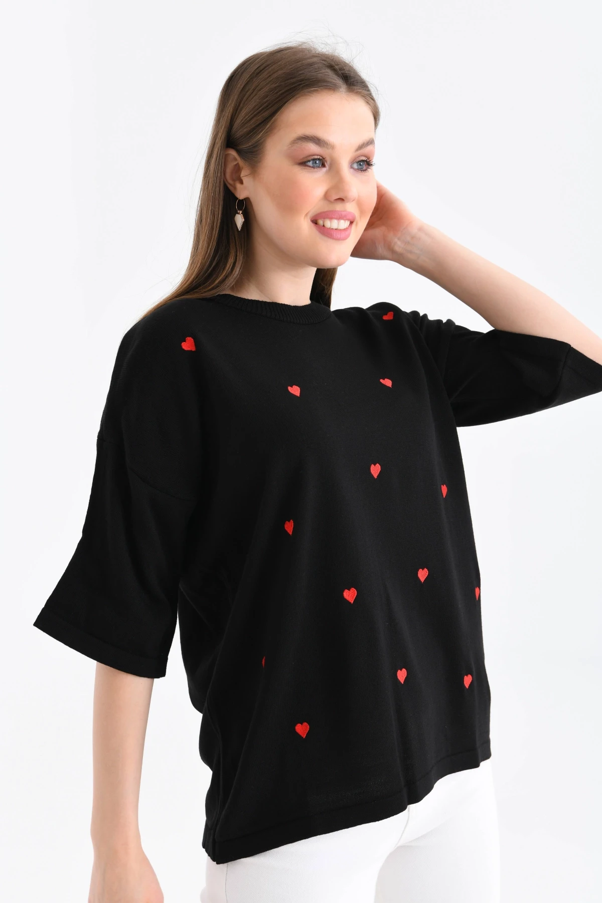 Kadın Bisiklet Yaka Kısa Kol Kalp Nakışlı Triko Kazak 10164