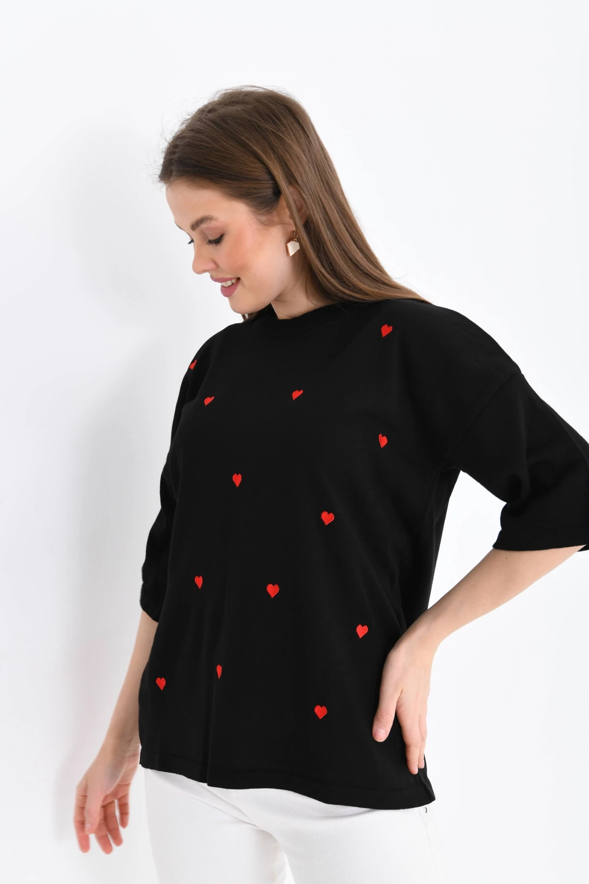 Kadın Bisiklet Yaka Kısa Kol Kalp Nakışlı Triko Kazak 10164