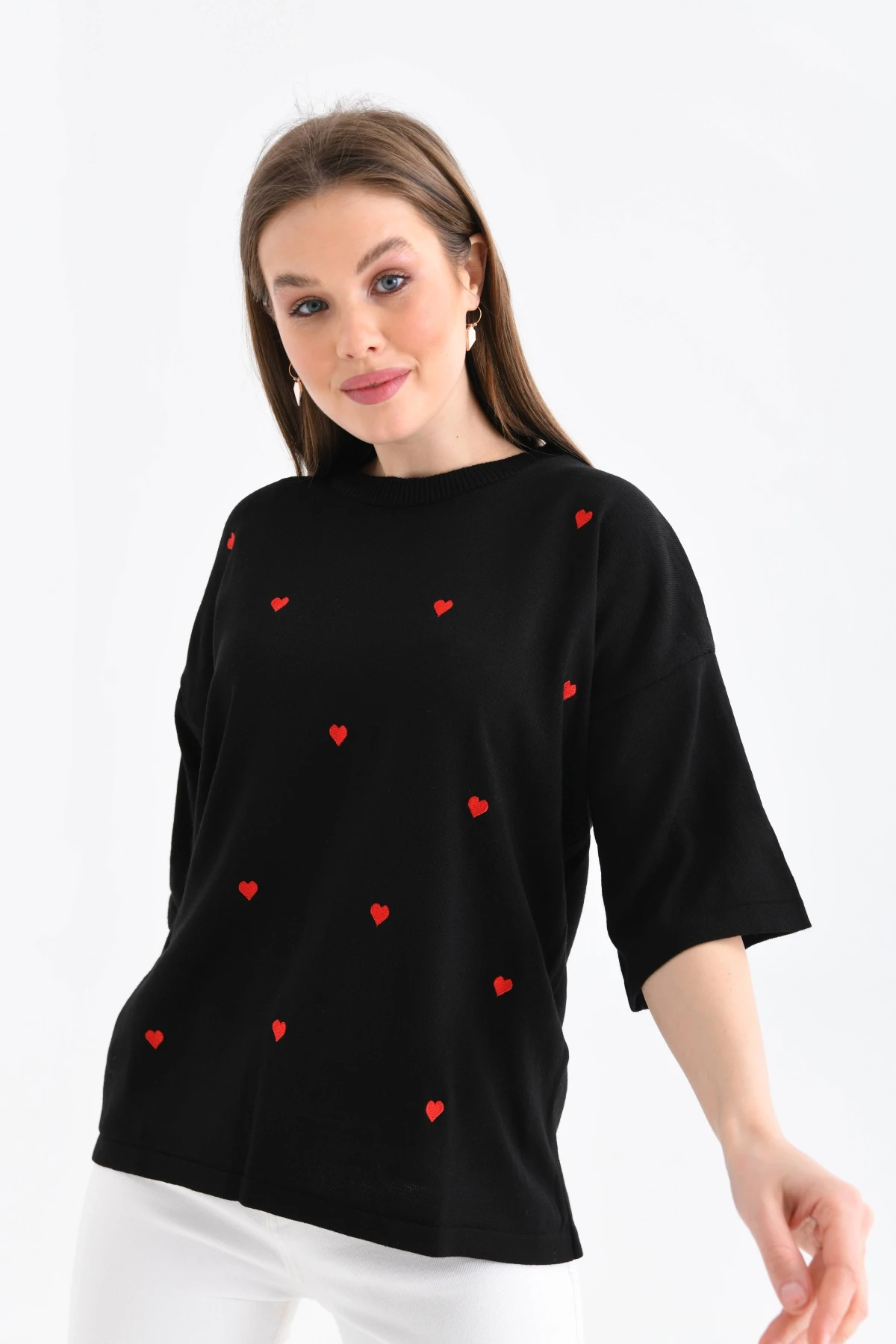 Kadın Bisiklet Yaka Kısa Kol Kalp Nakışlı Triko Kazak 10164