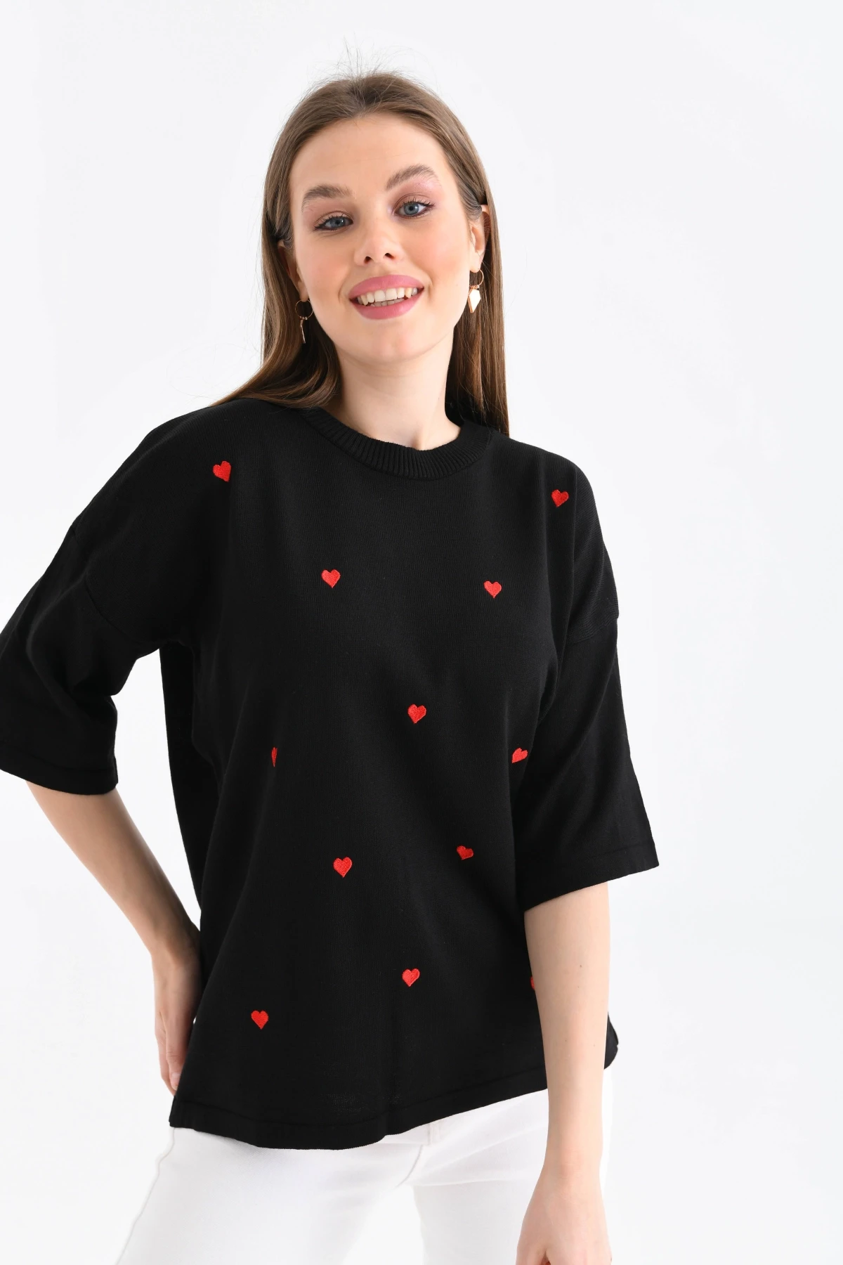 Kadın Bisiklet Yaka Kısa Kol Kalp Nakışlı Triko Kazak 10164