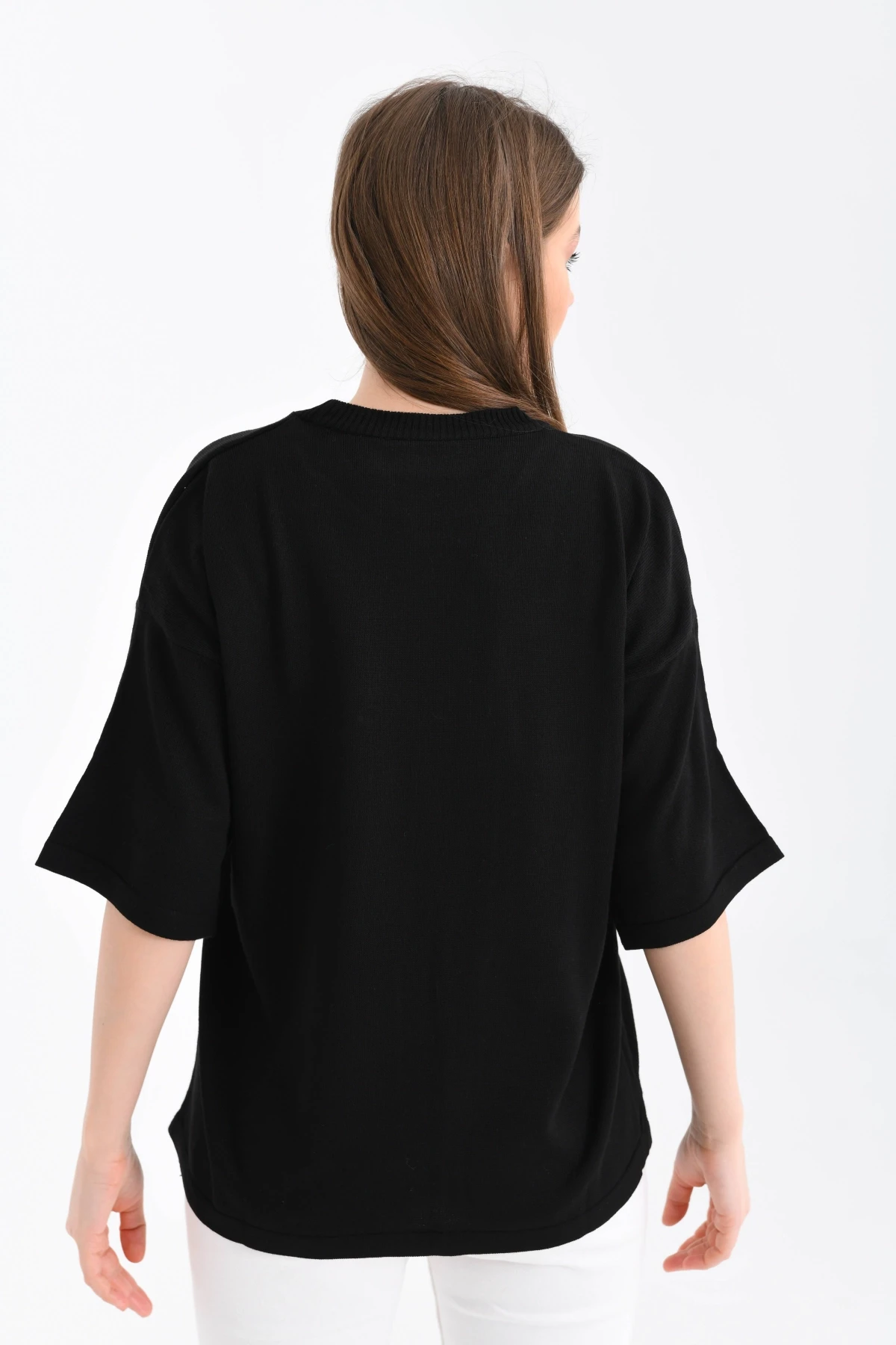 Kadın Bisiklet Yaka Kısa Kol Kalp Nakışlı Triko Kazak 10164