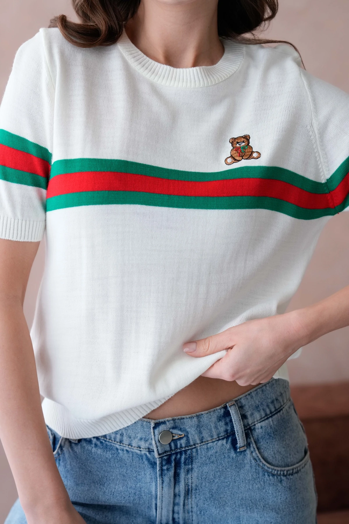 Kadın Bisiklet Yaka Kısa Kol Nakış İşlemeli Triko Kazak 10185